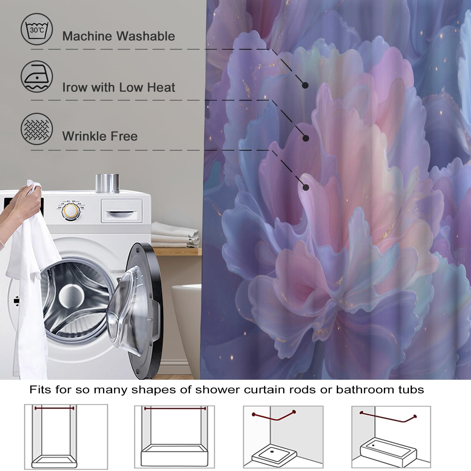 Rideau Douche,Rideau Baignoire Lavable en Machine Rideaux Douche Tissus Lavable Rideau De Baignoire Lavable pour Salle De Bain Domicile Baignoire Famille,Fleurs De Ligne,