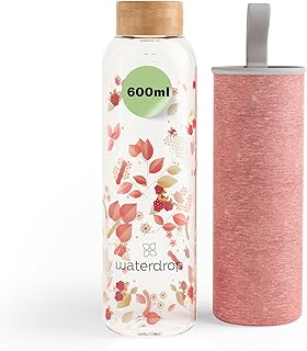 waterdrop® Flasche aus Glas 600ml - Trinkflasche Kohlensäure geeignet, BPA fei & spülmaschinenfest - auslaufsichere Wasserflasche mit Neoprenhülle - Borosilikat Glasflasche mit Schraubverschluss
