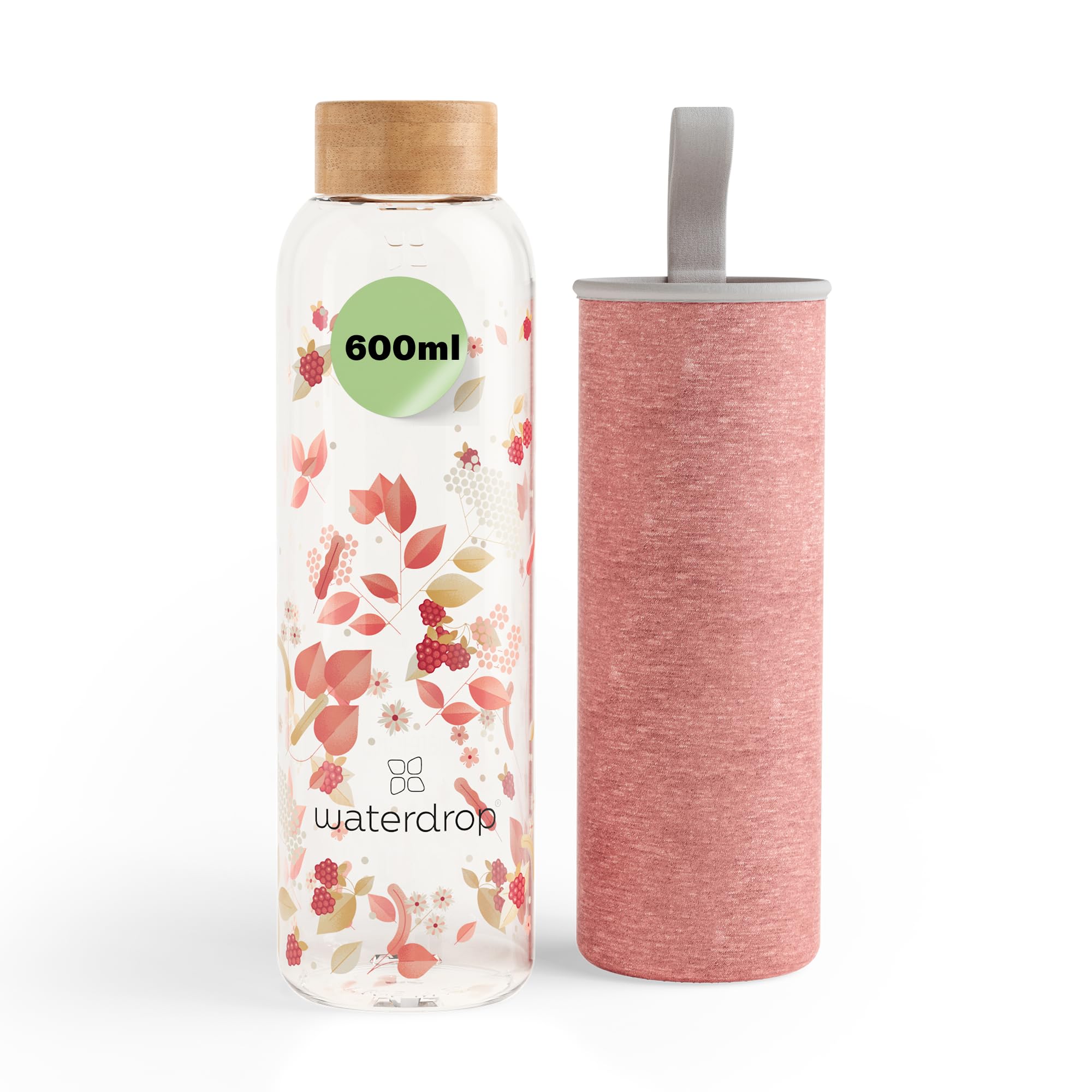 waterdrop® Glass Water Bottle 600ml – Water Flask with Bamboo Lid & Sleeve, Reusable Borosilicate Glass Flask, Leakproof, Ideal for Travel, Office, Gym, Home, BPA-free