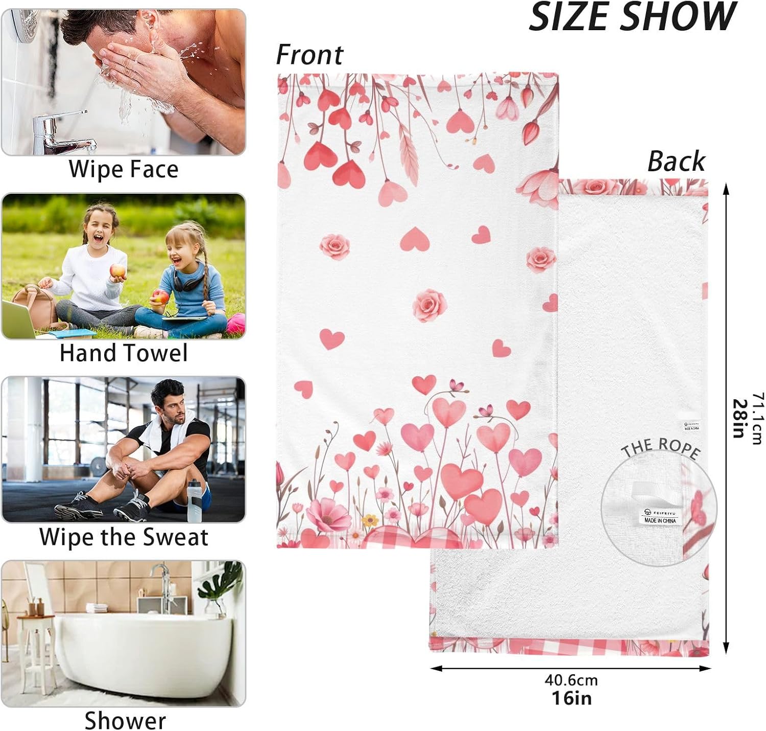 Cotton Hand Towels for Bathroom Set of 2 Valentine's Day Flower Hearts Rose Kitchen Towels Soft Bath Towel Absorbent Towels for Face,Gym,Sports 16x28in