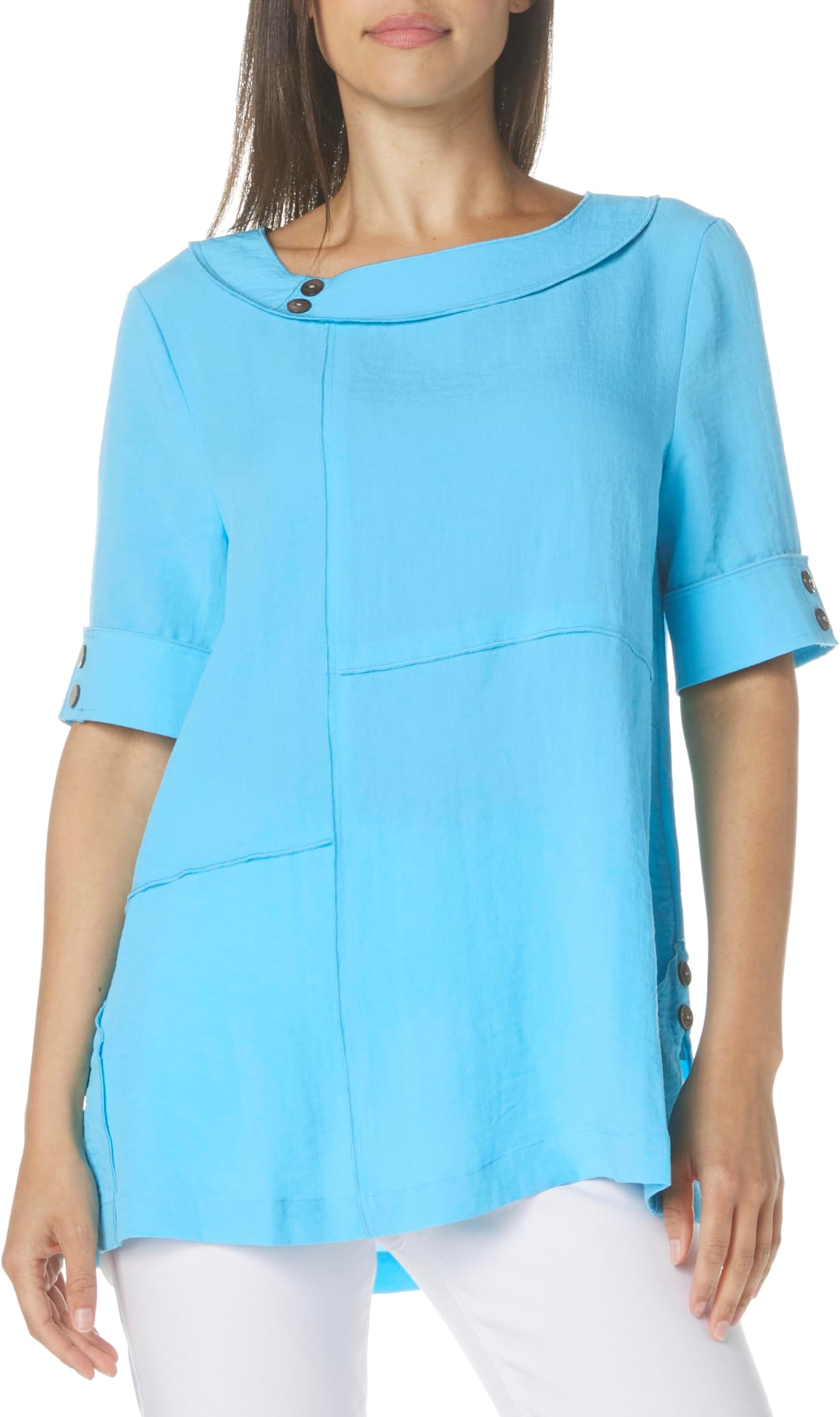womens Woven Pull on Tunic With Button Details Three Quarters Sleeves Woven Pull on Tunic With Button Details Three Quarters Sleeves (pack of 1)