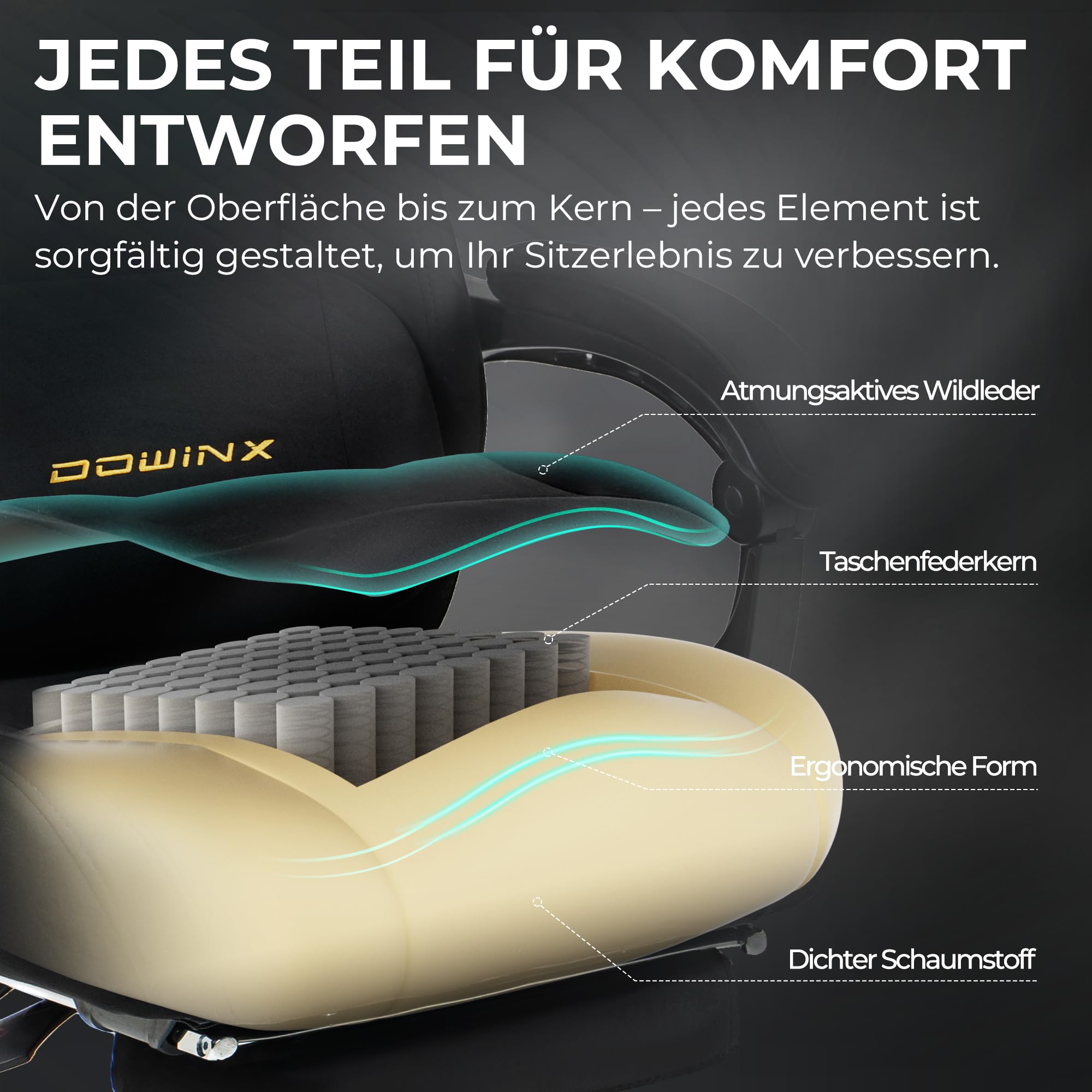 Dowinx Gaming Stuhl Ergonomisch mit Lendenkissen, Höhenverstellbare Kopfstütze, Verdicktes Sitzpolster, Ausziehbare Fußstütze, Verstellbare Armlehnen, Mikrofaser-Velours, 160° Neigbar, Schwarz