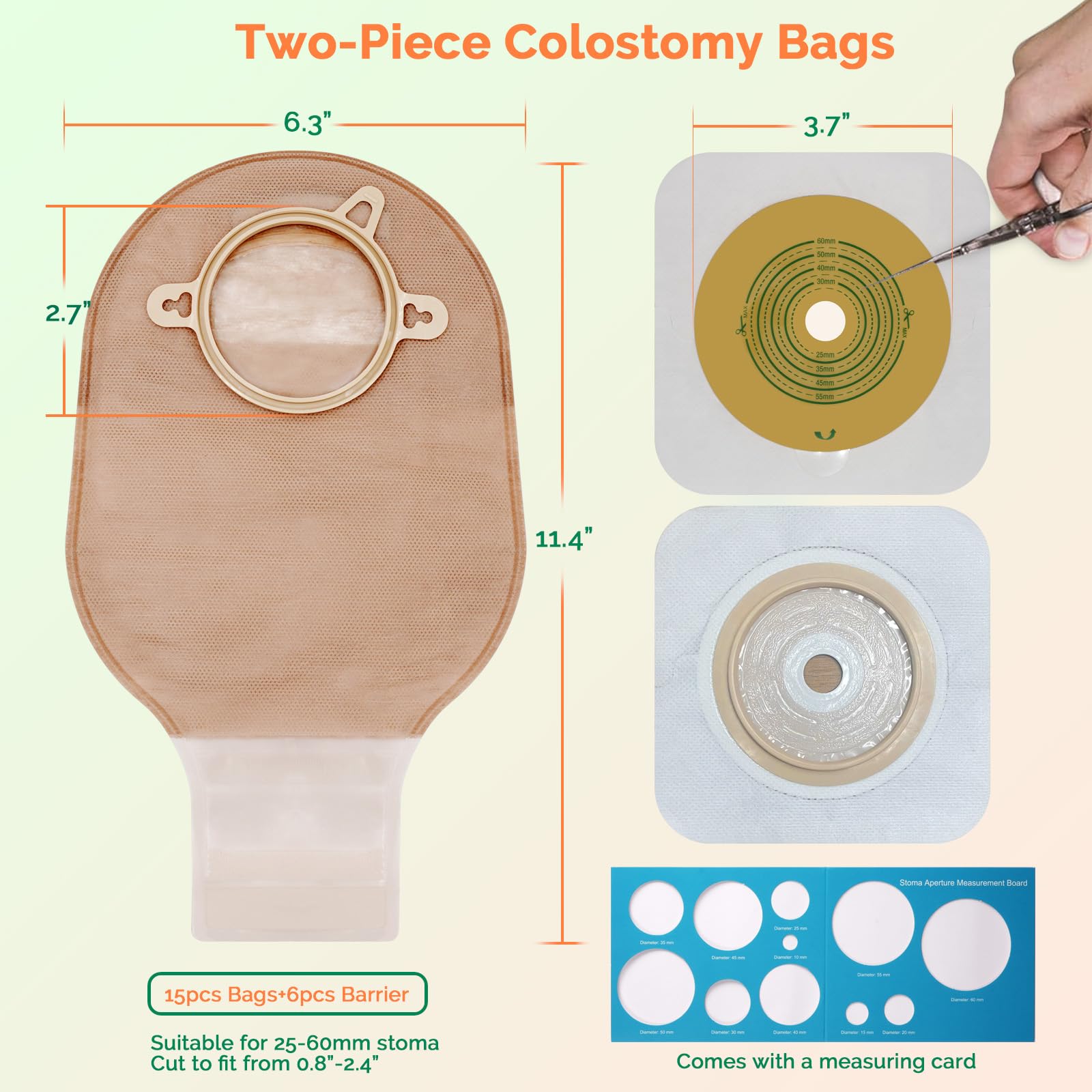 21 bolsas de colostomía de dos piezas para ostomía, suministros de ostomía, bolsas drenables con cierre para ileostomía, colostomía, urostomía, cuidado del estoma, corte para adaptarse (15 bolsas + 6