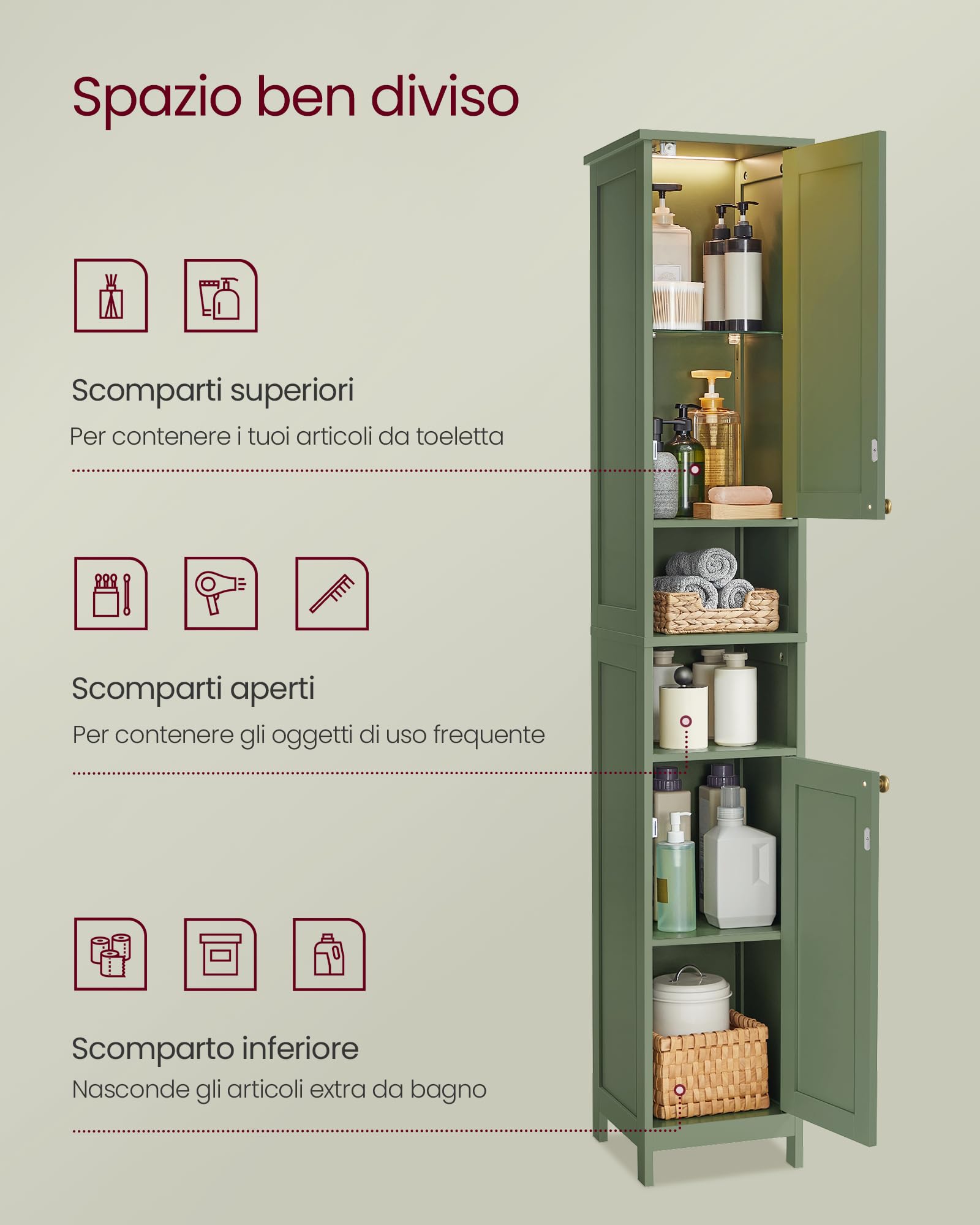 VASAGLE Mobile da Bagno con Luce, Mobiletto da Bagno Salvaspazio, Armadietto da Bagno a Colonna con Ripiani Regolabili, Largo 40 cm, per Piccoli Spazi, Moderno, Verde Foresta BBC766CH03