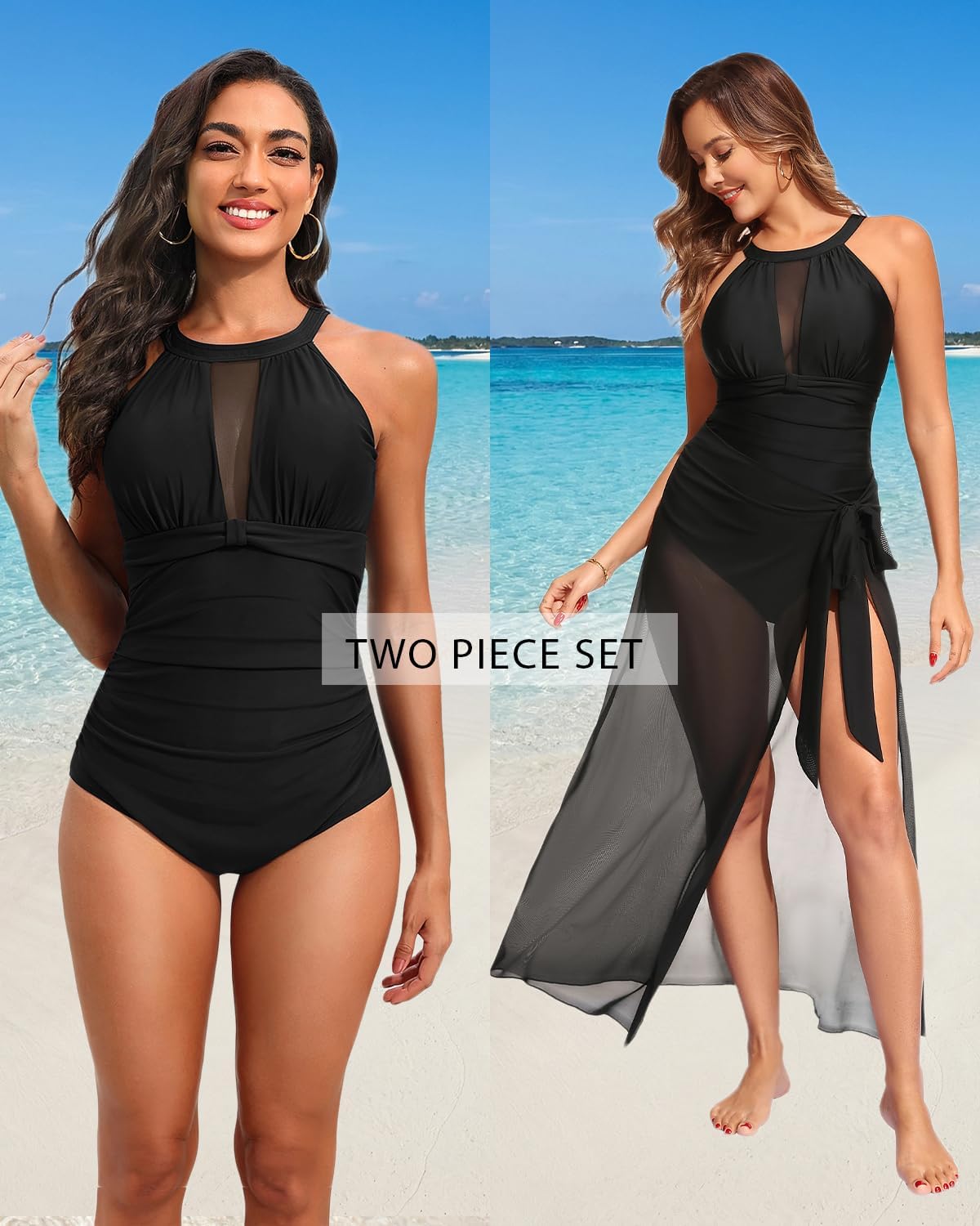 Tempt Me Women One Piece Swimsuit High Neck Plunge Ruched Tummy Control Bathing Suit
