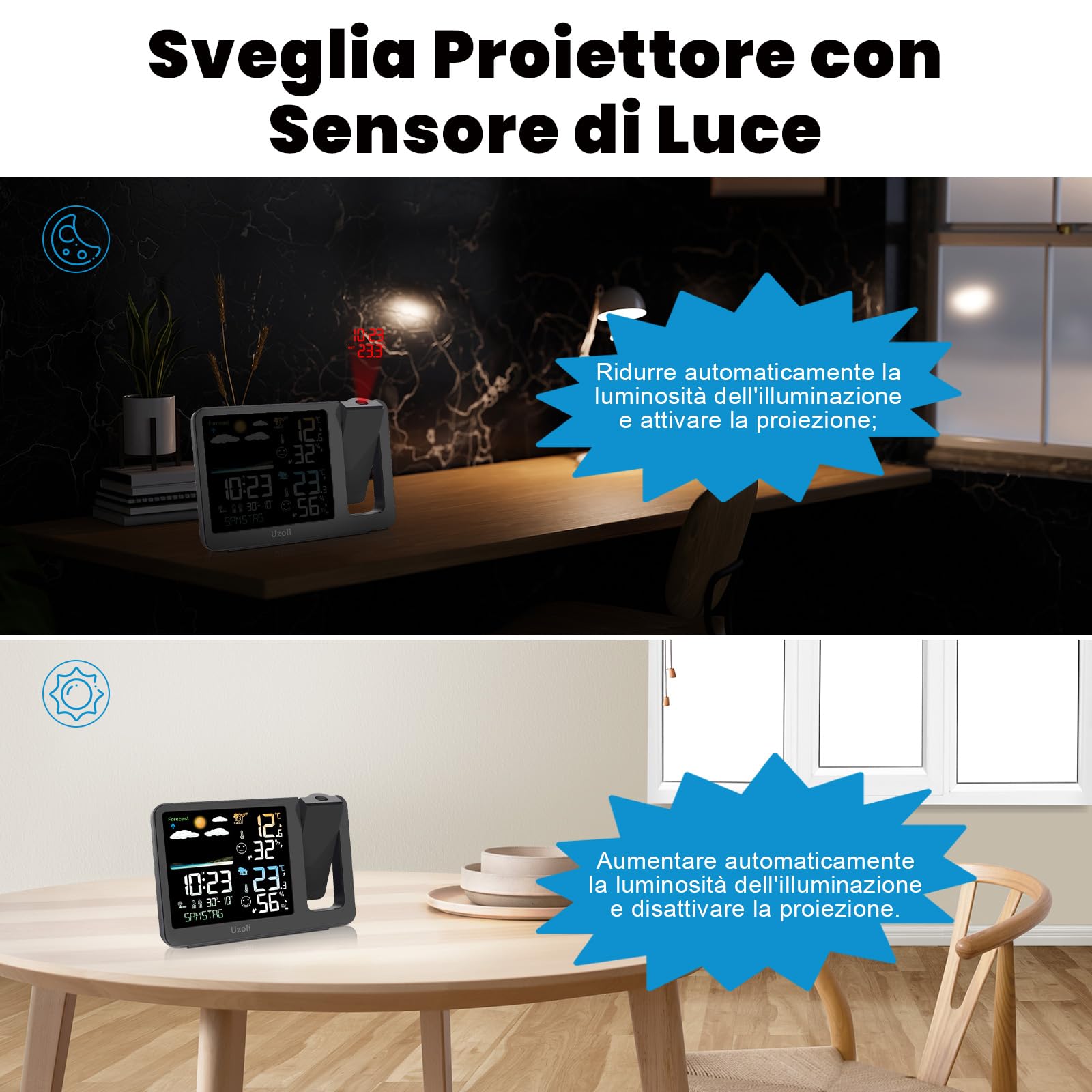 Uzoli Sveglia con proiettore Orologio proiezione soffitto Stazione meteorologica, sensore esterno Termometro Igrometro interno Previsioni del tempo Livello di comfort Rischio muffa -EM3539A