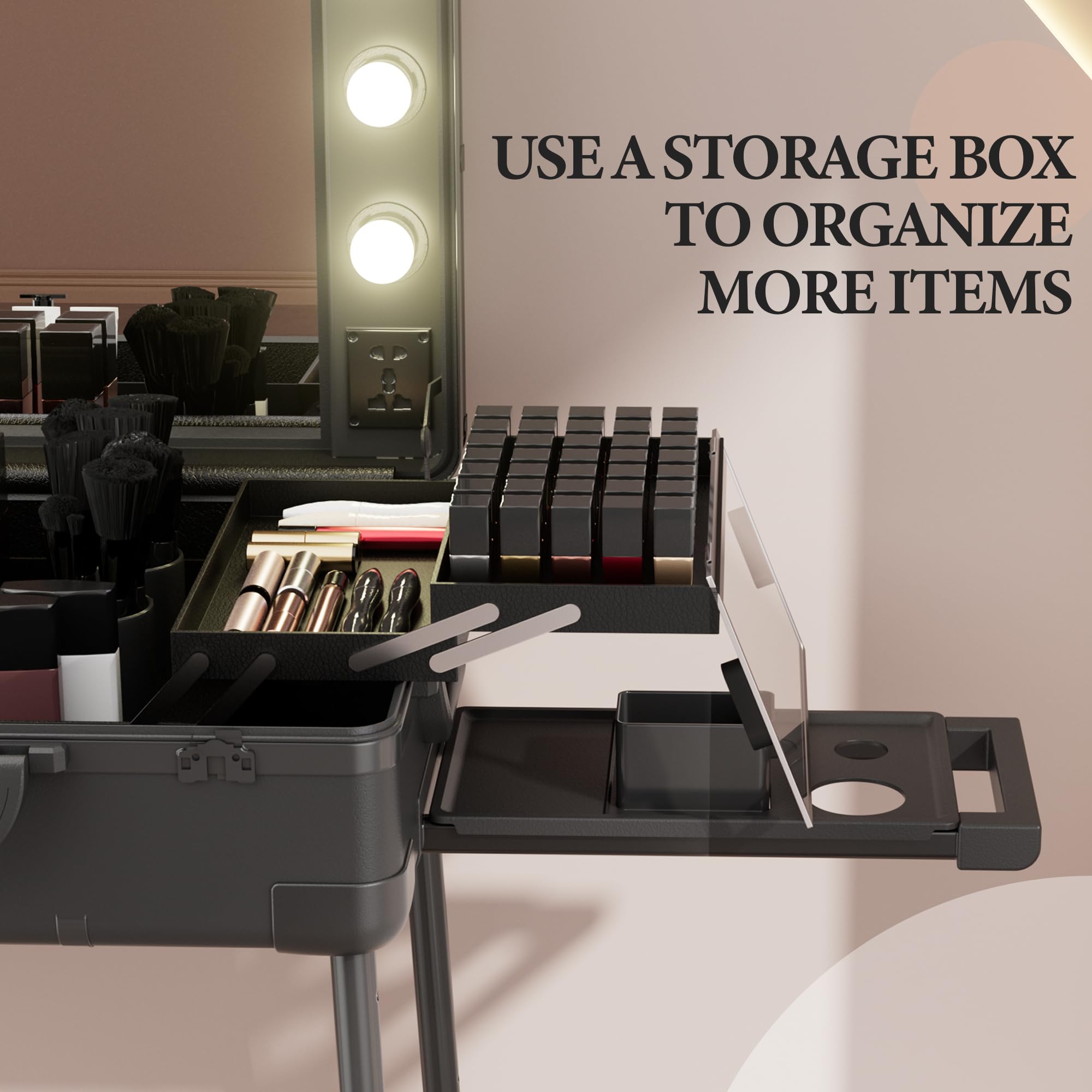 Valise de Maquillage à roulettes en Aluminium, Grand Miroir avec 6 Ampoules, Organisation de Cosmétiques avec Serrure à Code, Station Mallette Maquillage Pliable pour Voyage et Studio Professionnel