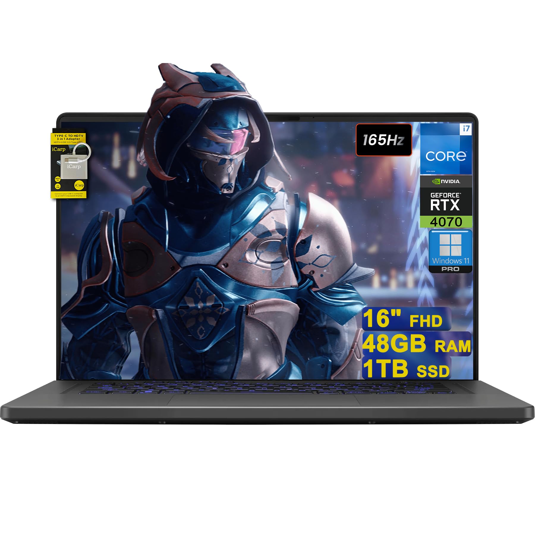 ASUSROG Zephyrus G16 Gaming Laptop 16" FHD 165Hz Intel 10-core i7-13620H 48GB RAM 1TB SSD GeForce RTX4070 Backlit Thunderbolt IR Camera Win11Pro ICP Hub