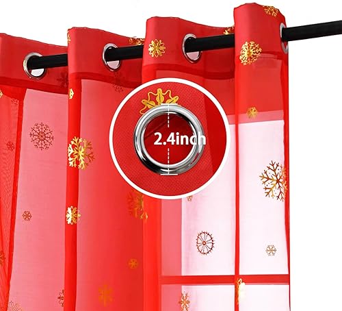 Miniatura 4 de Cortinas traslúcidas de Navidad con copos de nieve, cortinas transparentes de gasa con estampado dorado de lujo, par de tratamiento de bronceado