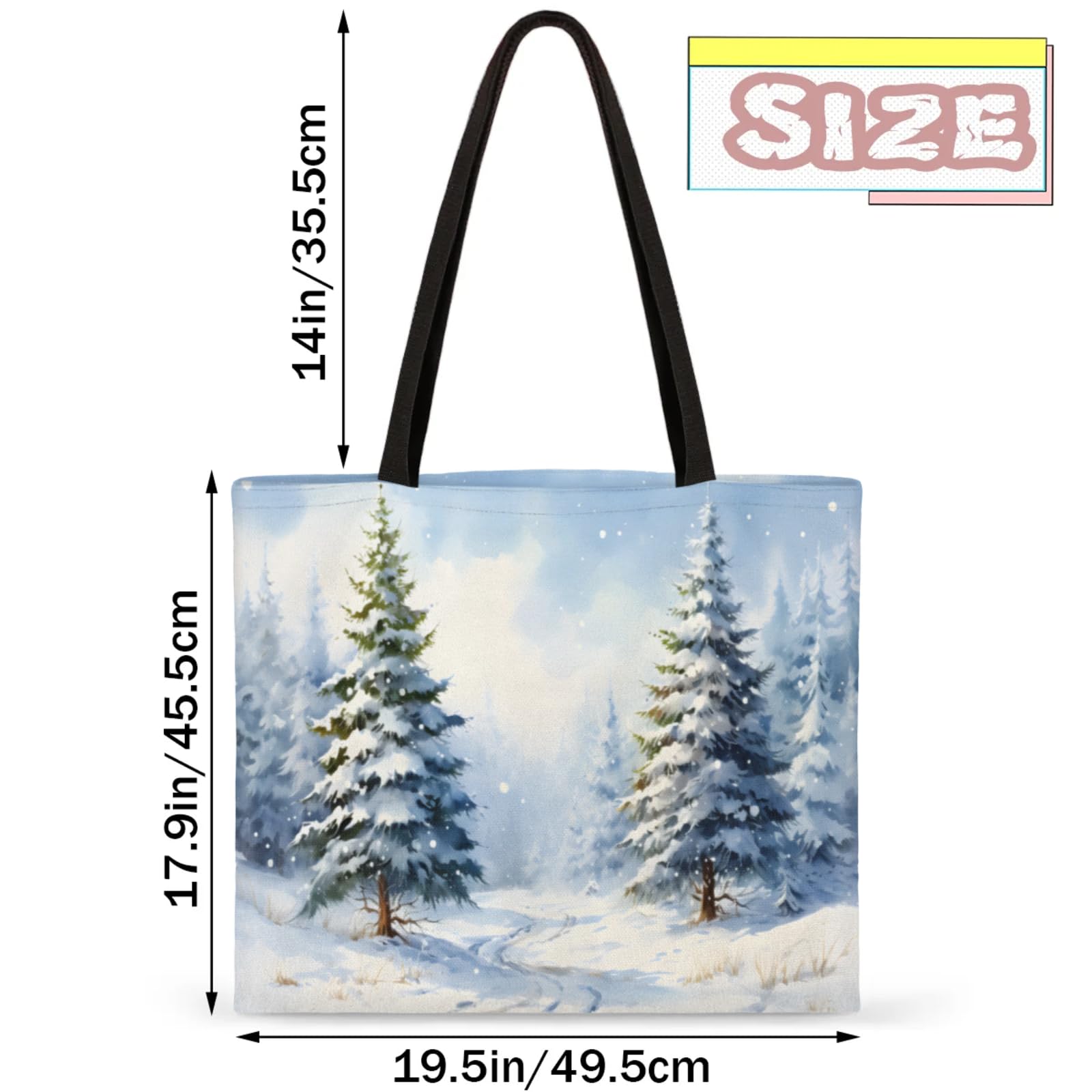 Mularoka Snow Woods Square Canvas Tote Bag Top Handle Purses Stylish Women Canvas Shoulder Tote Bags Reusable Handbags for Work Travel Picnic Beach Shopping Gym Hiking