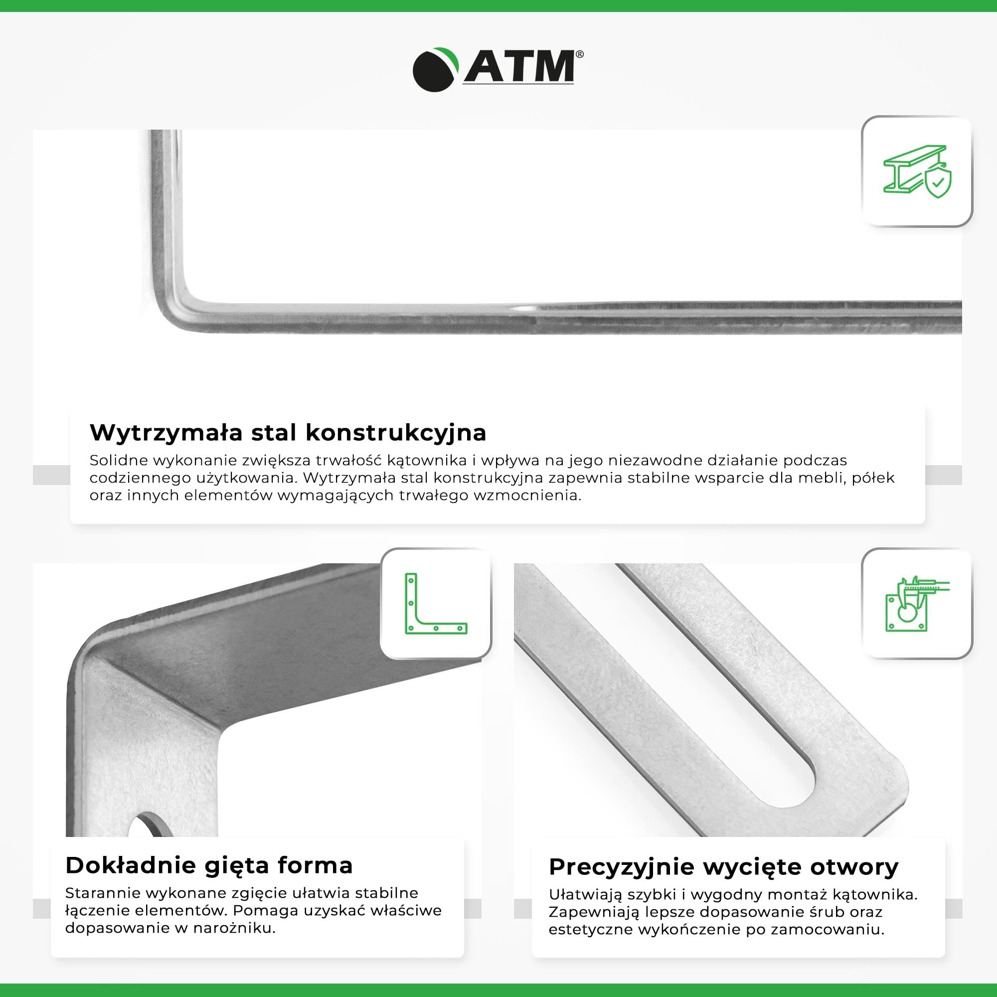 ATM Kątownik meblowy stalowy - Rozmiar 75x30x15 mm - Grubość 1,5 mm - Łącznik kątowy ocynkowany do drewna i mebli - 100 Sztuk