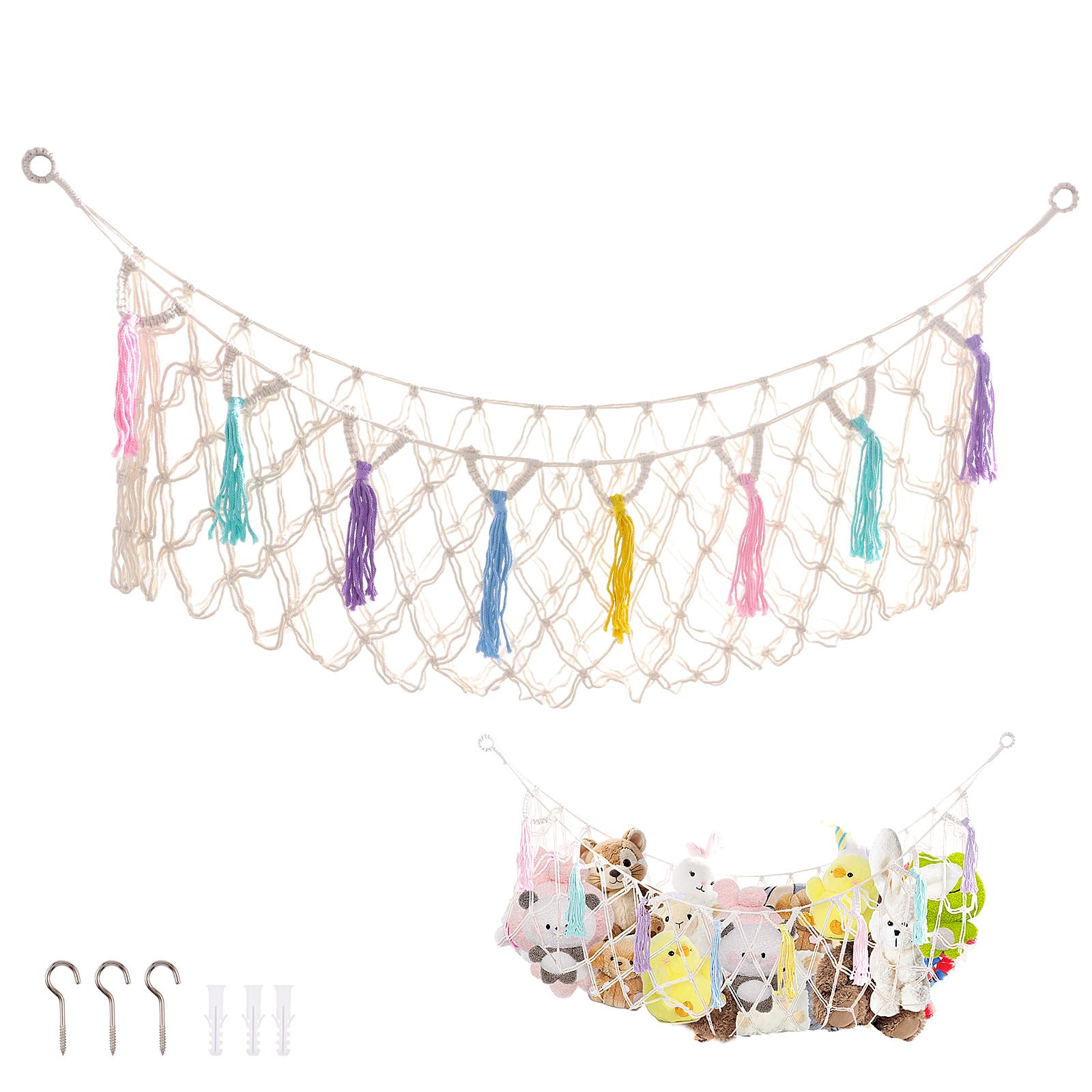Ghshanog Colourful Hammock Toy Net For Stuffed Animals, Boho Macrame Teddy Storage, Hanging Soft Toy Net Space Saving Organizer, Nursery Wall Mount Holder Large Stuffed Animals Organizer For Toys & Dolls(Colourful)
