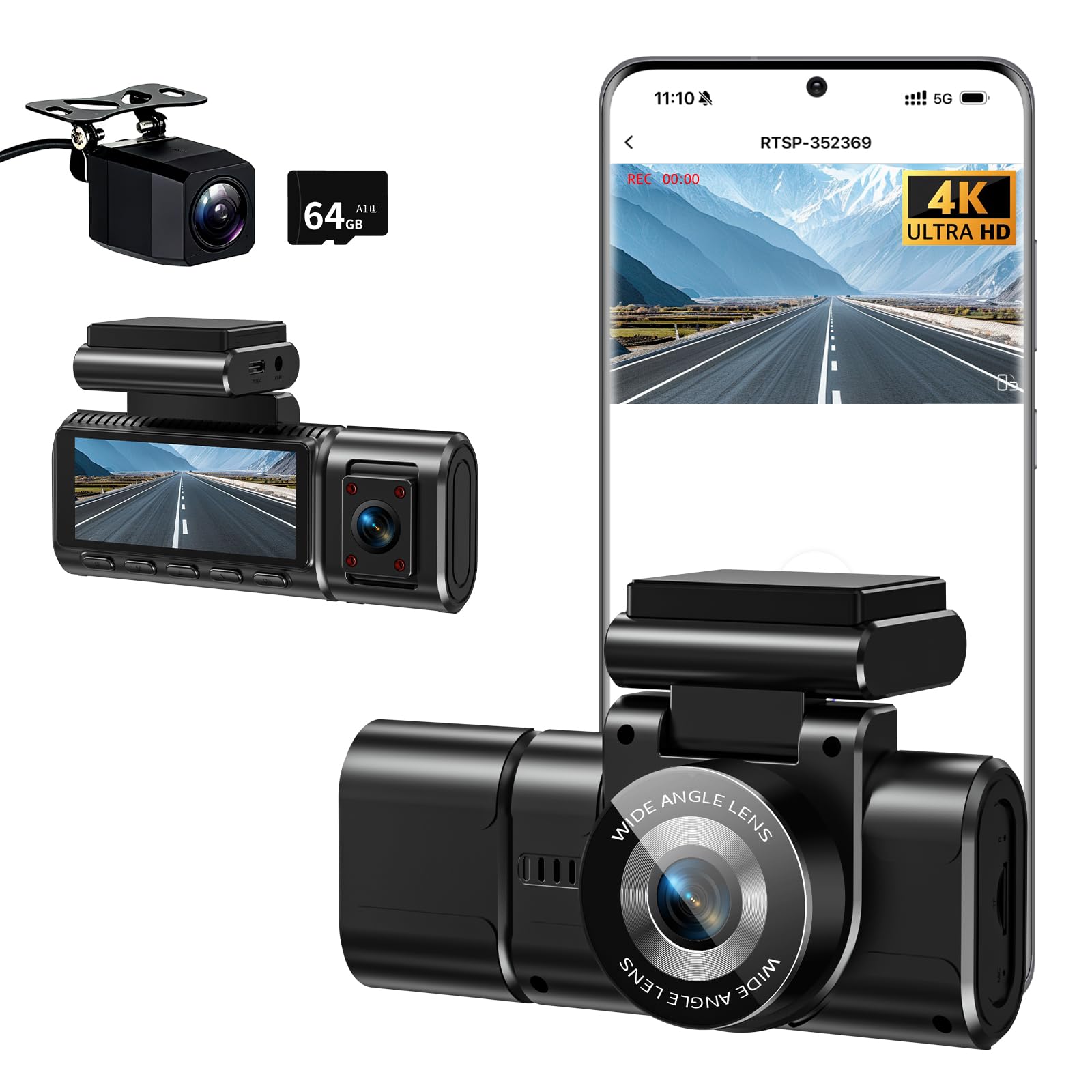 4K Dashcam Auto Vorne Hinten mit WiFi,3 Channel 1080P Dash Cam Auto Kamera 3,16" IPS Bildschirm,Kostenlose 64 GB Karte,Nachtsicht,G Sensor,Loop-Aufnahme,200°Weitwinkel WDR,Parküberwachung