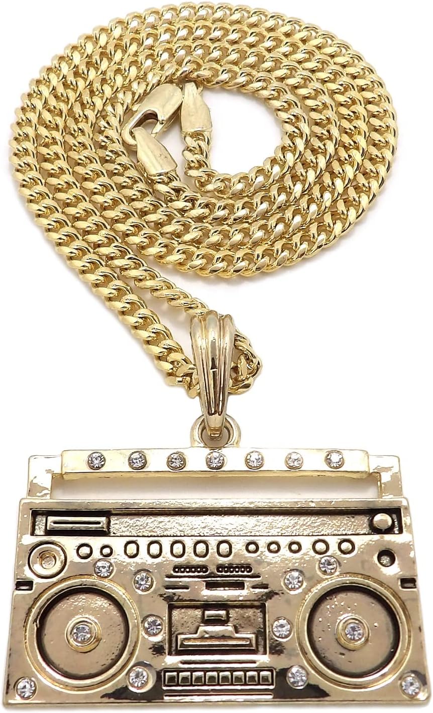 Men's Music Boombox Pendant 18/20/24" Box, Cuban, Rope Chain Necklace in Gold or Rhodium Tone
