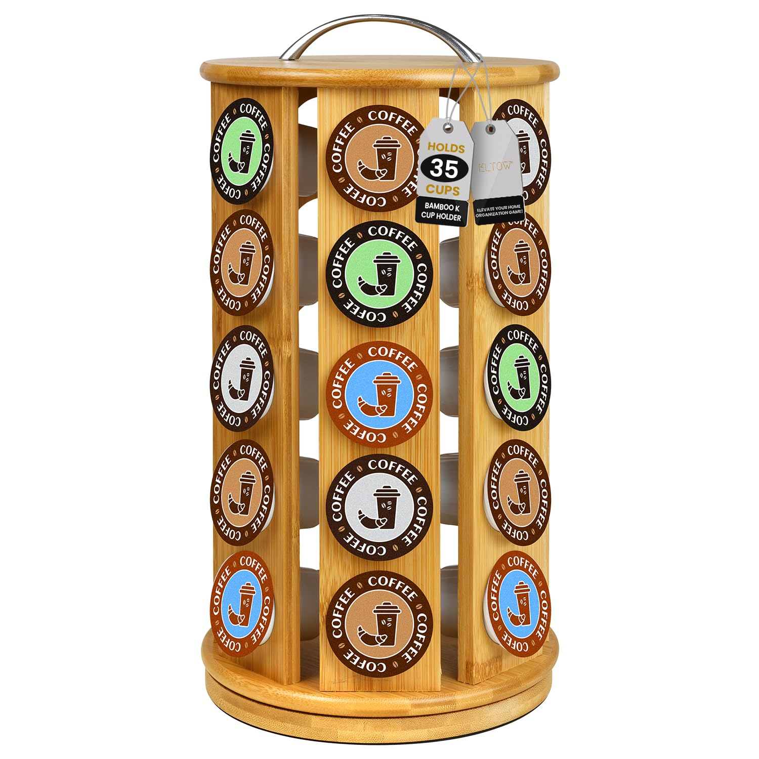 K Cup Holder By Eltow - Bamboo Coffee Pod Organizer Compatible with K-Cups, 35 Pod Pack Storage, Lazy Suzan Platform Spins 360 Degrees great for Home or Office Kitchen Counter Organizer Carousel