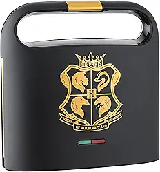 Harry Potter Máquina De Sanduíche Dupla Warner Brothers Da Select Brands - Placas Cozimento Revestidas Cerâmica Com Brasão Hogwarts E Copos Em Sanduíches Tostados, Preto Dourado, Wbh-100Sm