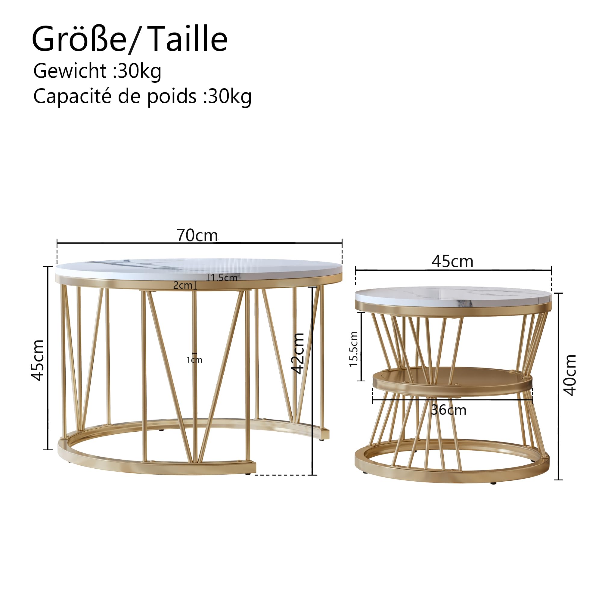 Set di 2 Tavolini Estraibili Rotondi in Marmo, Tavolino Rotondo in Marmo, Tavolini Estraibili da Salotto, Tavolino Rotondo, Estraibile, Tavolino Rotondo per Salotto, 70×70×45 cm+45×45×40 cm