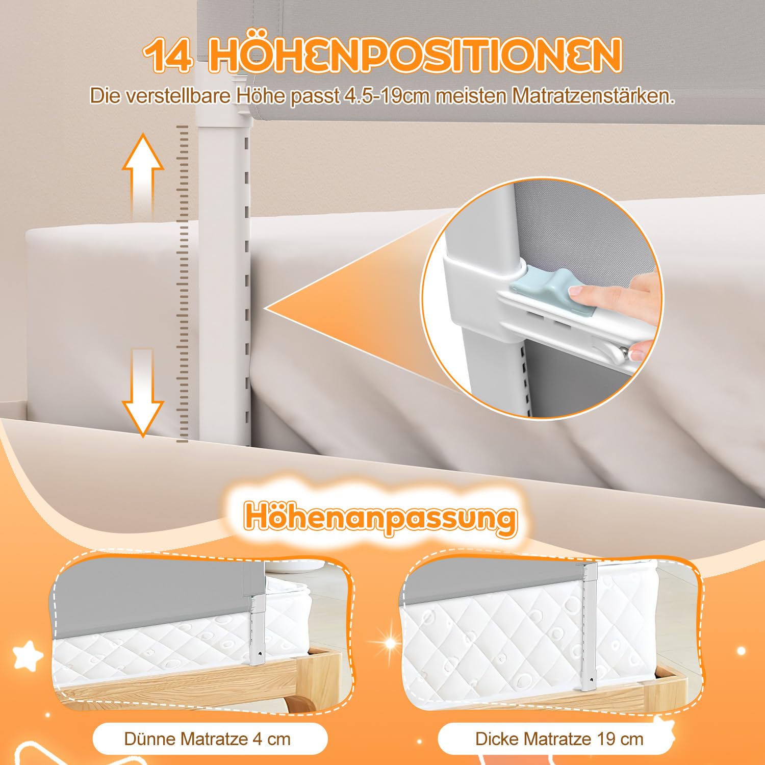 Rausfallschutz Bett, Rausfallschutz Boxspringbett, Bettgitter höhenverstellbar 72-86 cm, zusammenklappbar um 180 Grad (Grau, 200cm,1Seite)