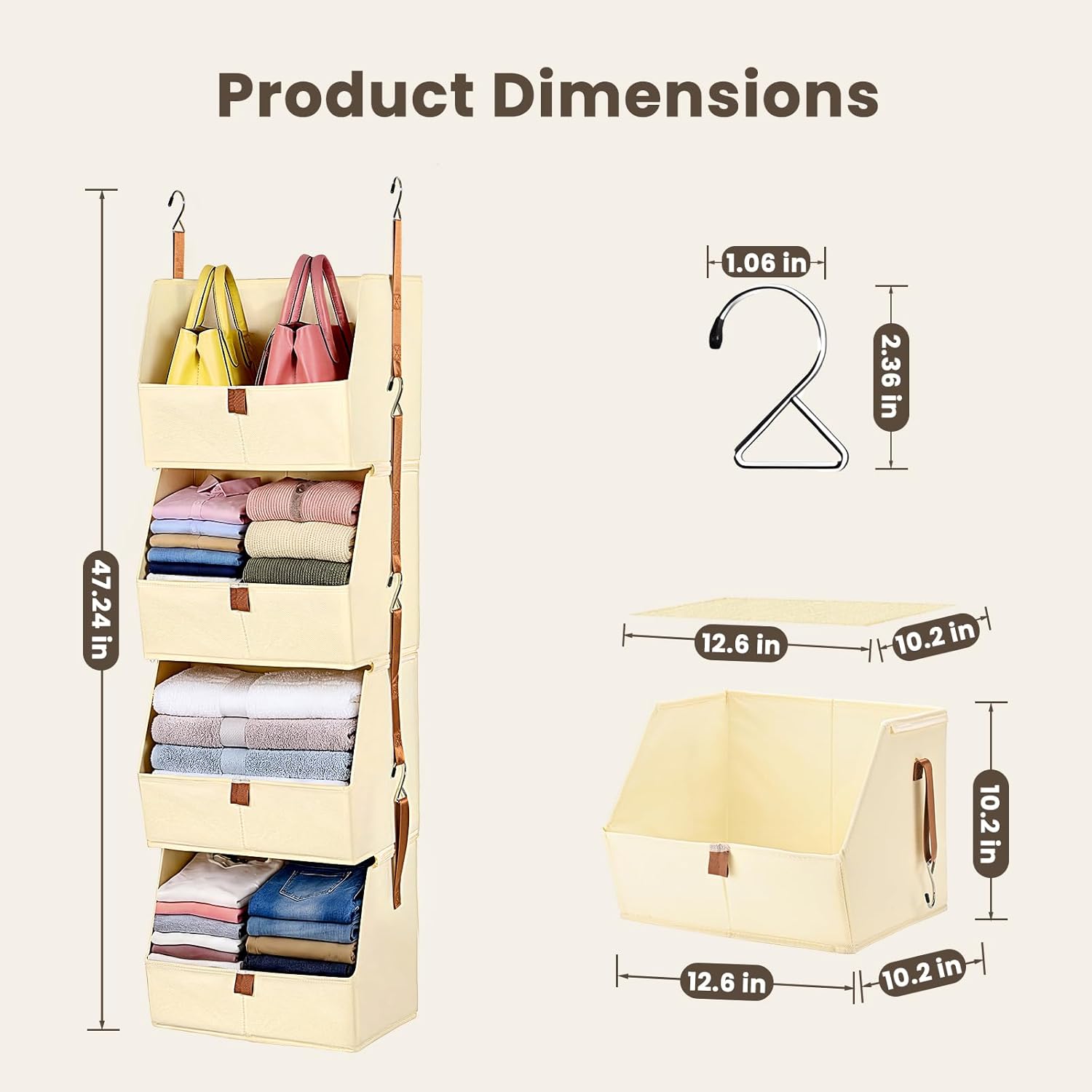 4-Tier Modular Hanging Closet Organizer, Heavy-Duty Detachable Clothes Hanging Shelves with Reinforced Zippers and 8 Durable Hooks, Versatile Fabric Storage Bins for Bedroom, RV, Nursery
