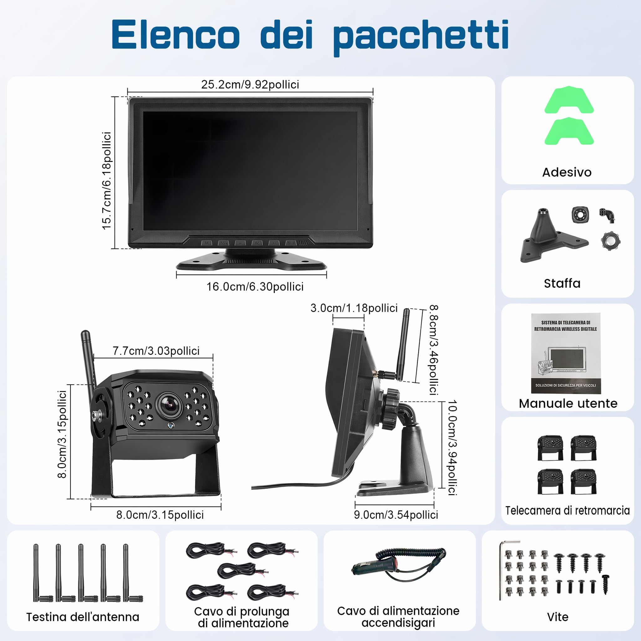 Hikity 12-36V DVR Monitor IPS 10,1'' con 4 Telecamera Retromarcia Wireless | Telecamera Posteriore per Camion Rimorchio Furgone Impermeabile IP68 Visione Notturna Linee Di Parcheggio Personalizzate BSW