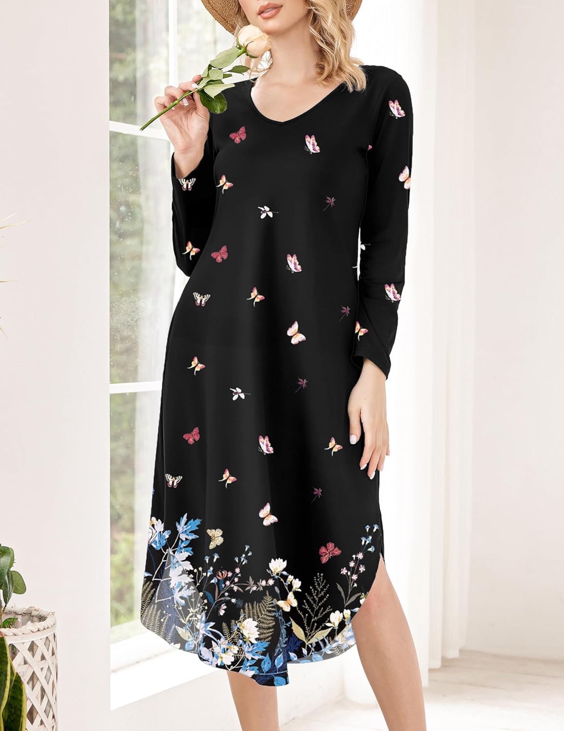 Ekouaer Womens Nightgown V Neck Nightshirts Long Sleeve Sleepwear with Pockets S-4XL - Image 3