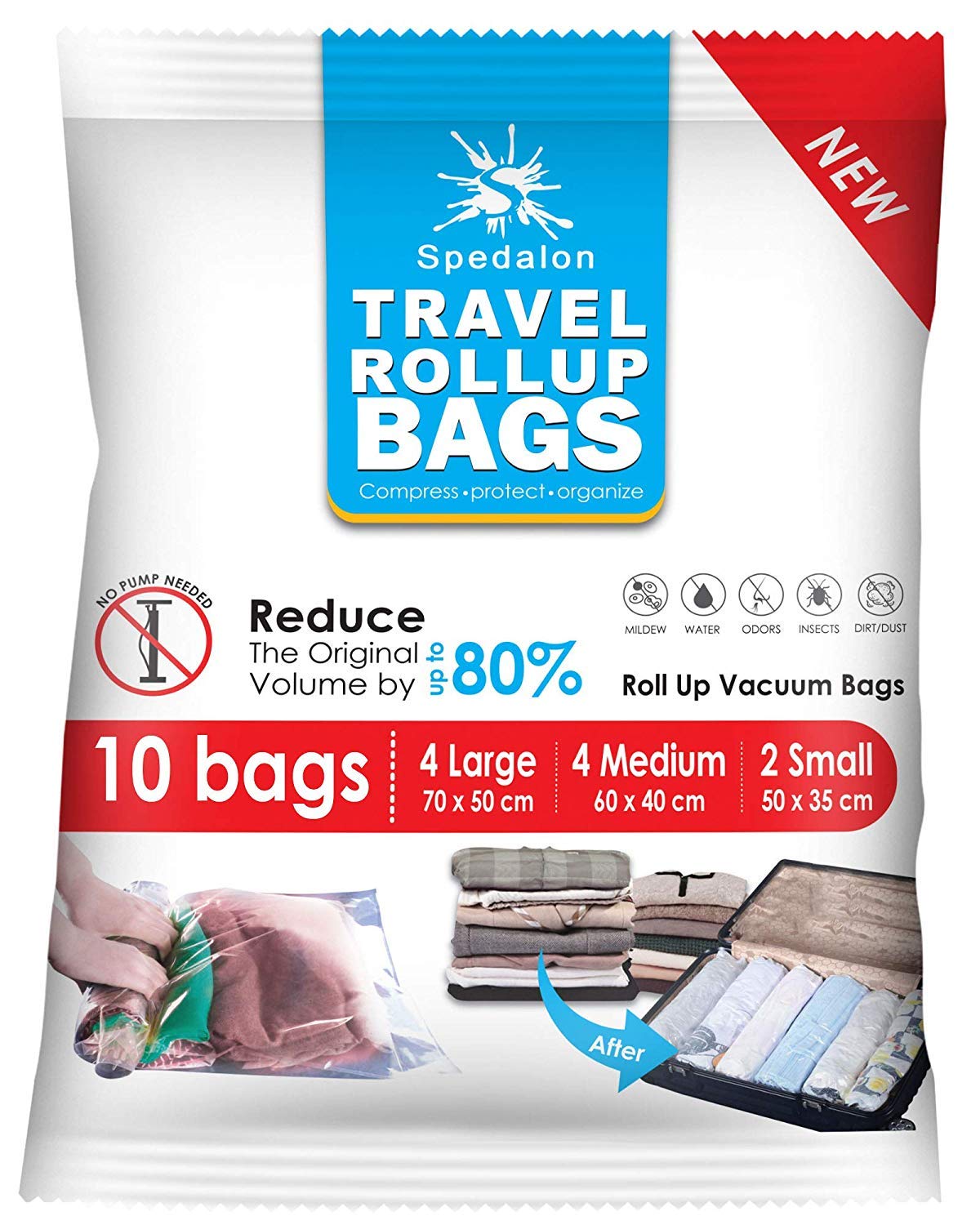 Travel Roll Up Bags - Pack of 10 (4 Large + 4 Medium + 2 Small) | Roll-Up Compression Storage | Double Zipper, Reusable Space Saver Bags for Home Storage, Packing Organization - No Vacuum Pump Needed
