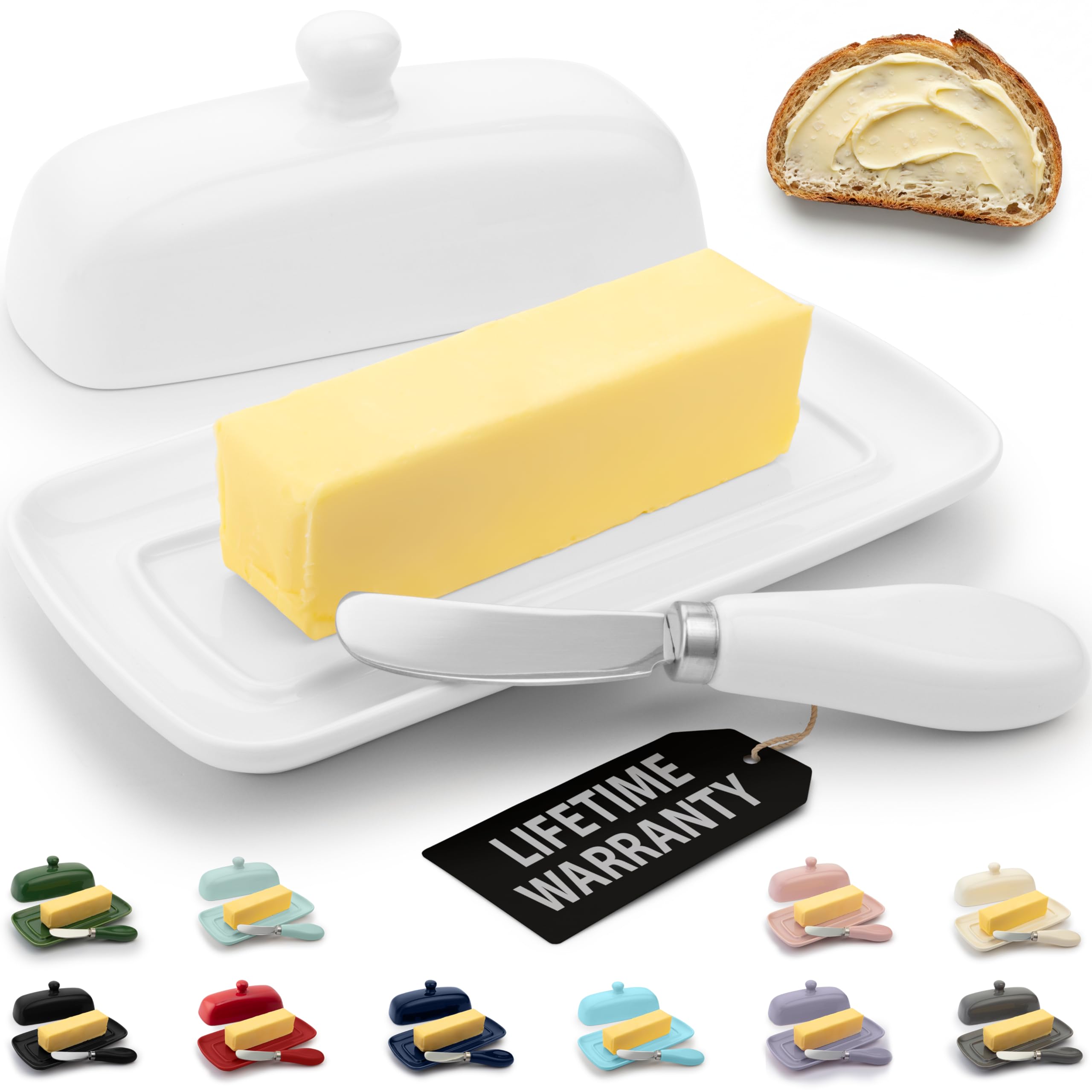 Zulay Kitchen Ceramic Butter Dish with Lid For Countertop Stainless Steel Knife Keeps Butter Soft Fresh White Butter