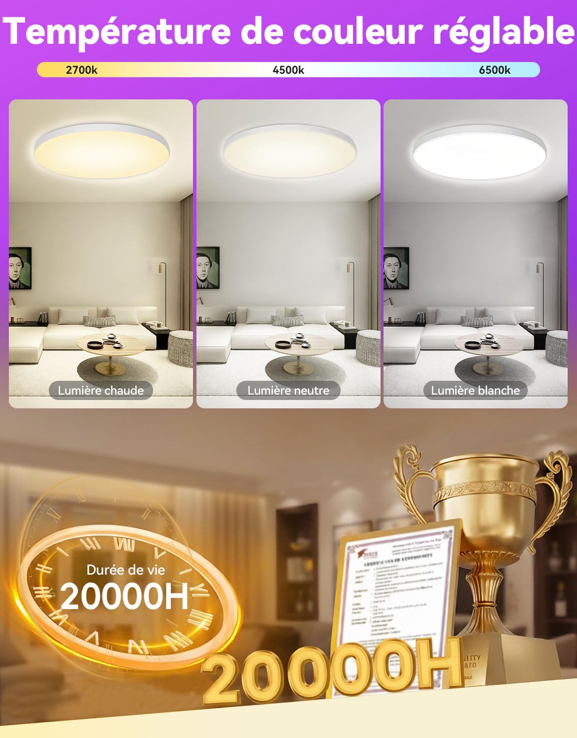 led plafonnier connecté compatible Alexa 30W plafonnier led chambre 16 millions couleurs plafonnier led dimmable , lampe connectée alexa Couleurs DIY 2700K-6500K Contrôle APP salon, coucher, cuisine