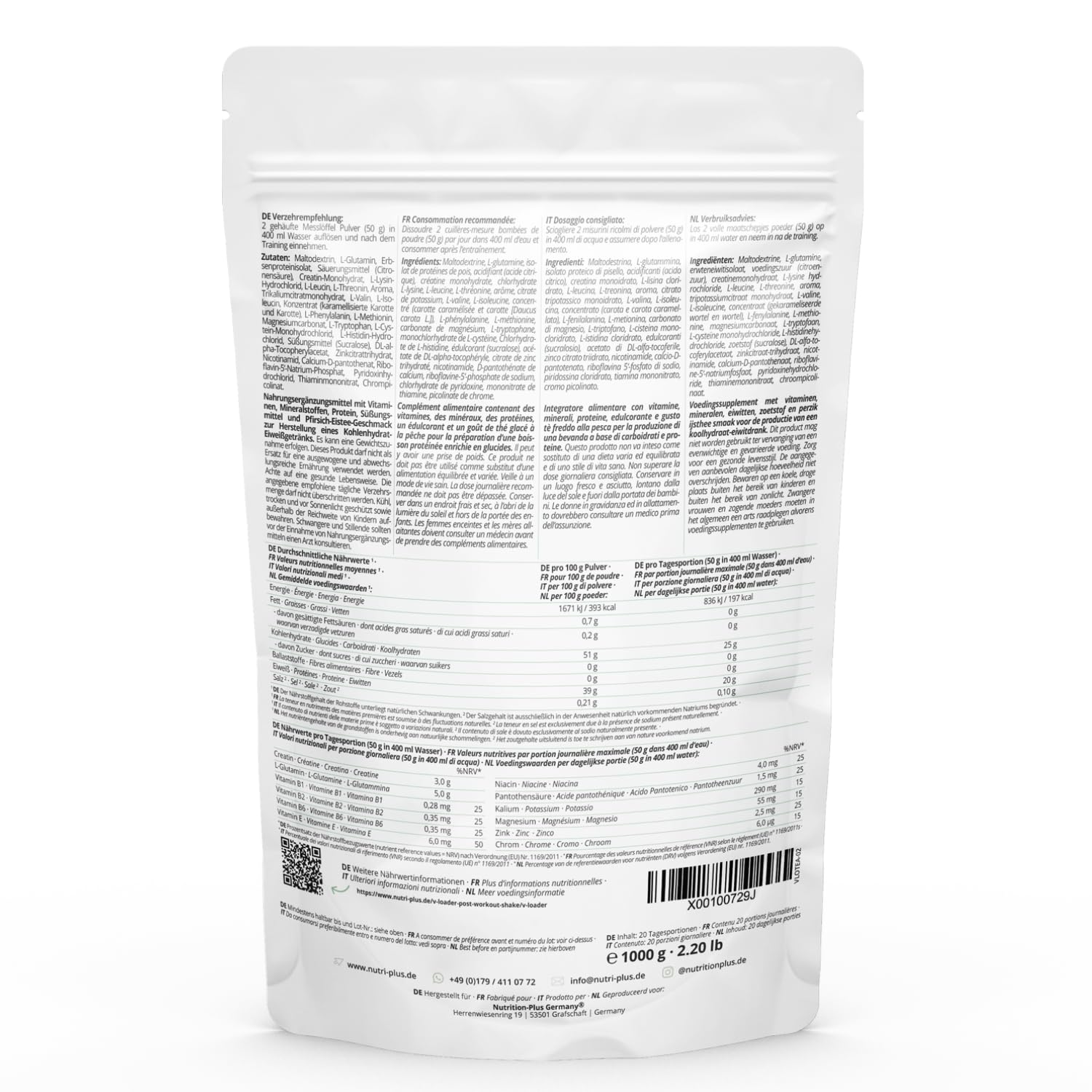 nutri+ vegan V-Loader Powder, Sacchetto 1000 g, Ice Tea Peach