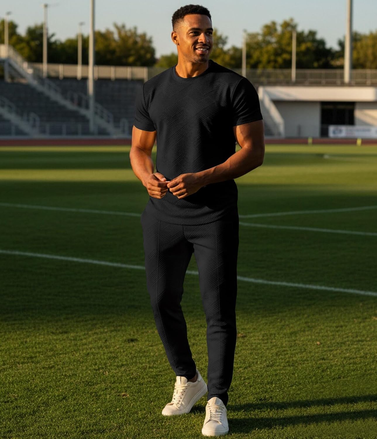 UOUA Mens 2 Piece Sweatsuit Set Short Sleeve Sweatshirt Jogging Sweatpants Tracksuits Outfits - Image 3