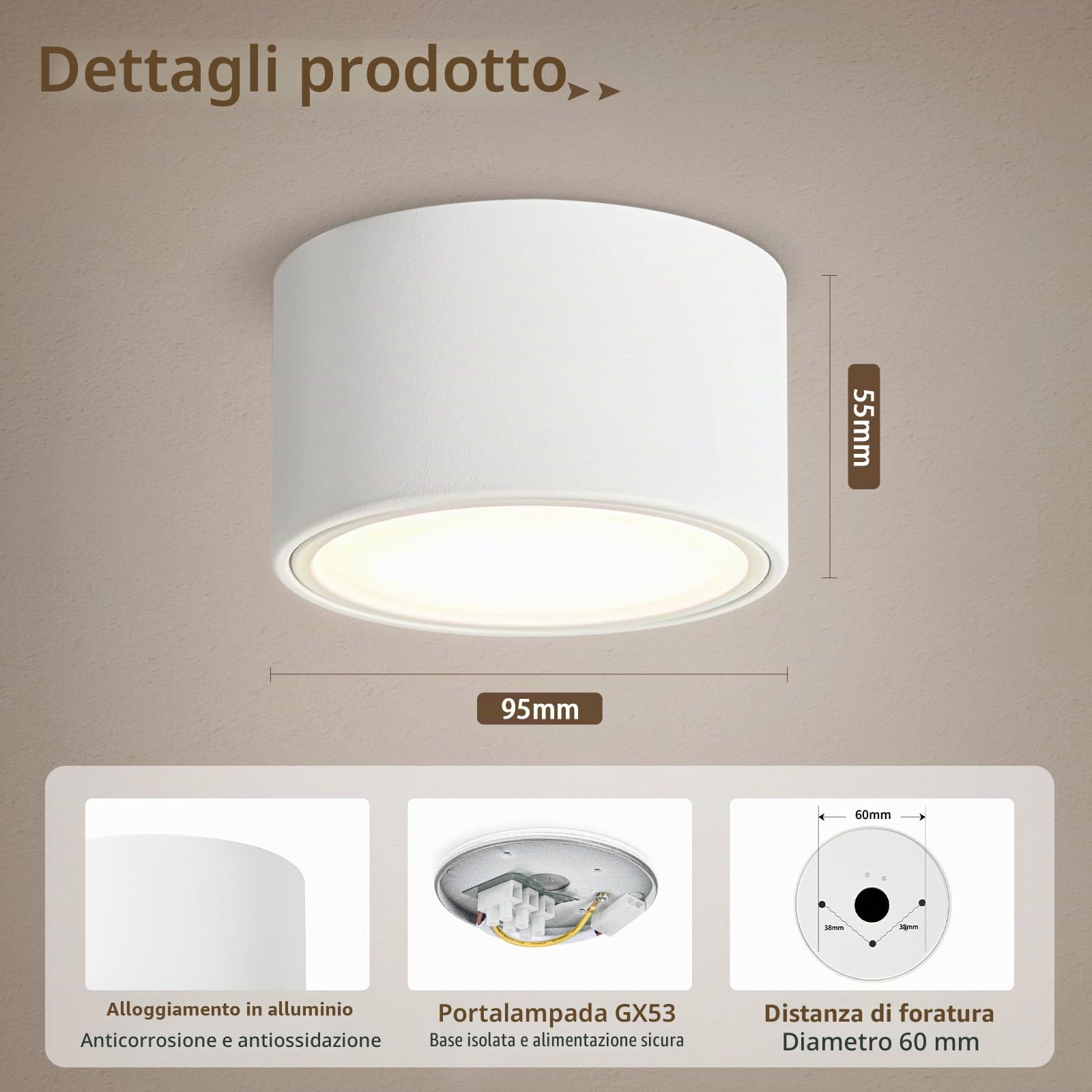 KYOTECH Faretti da Soffitto Dimmerabili, 2700K/4000K/6500K Faretti da Soffitto Interno Ø95x55mm Bianchi, Incluso Modulo LED GX53 7W 800LM 230V, Lampada da Soffitto in Alluminio per Soggiorno, 4 Pezzi