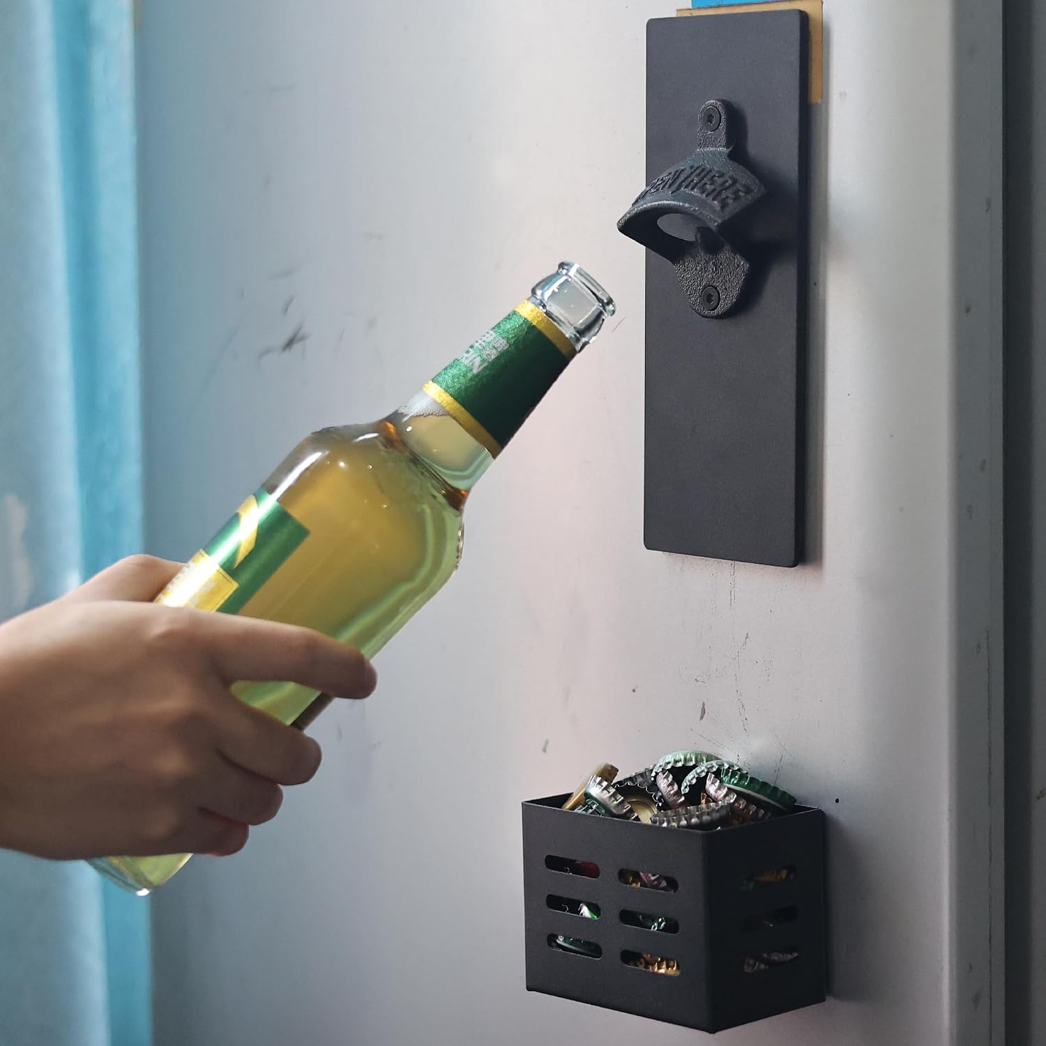 Black Magnetic Bottle Opener Wall Mounted with Cap Catcher Plate