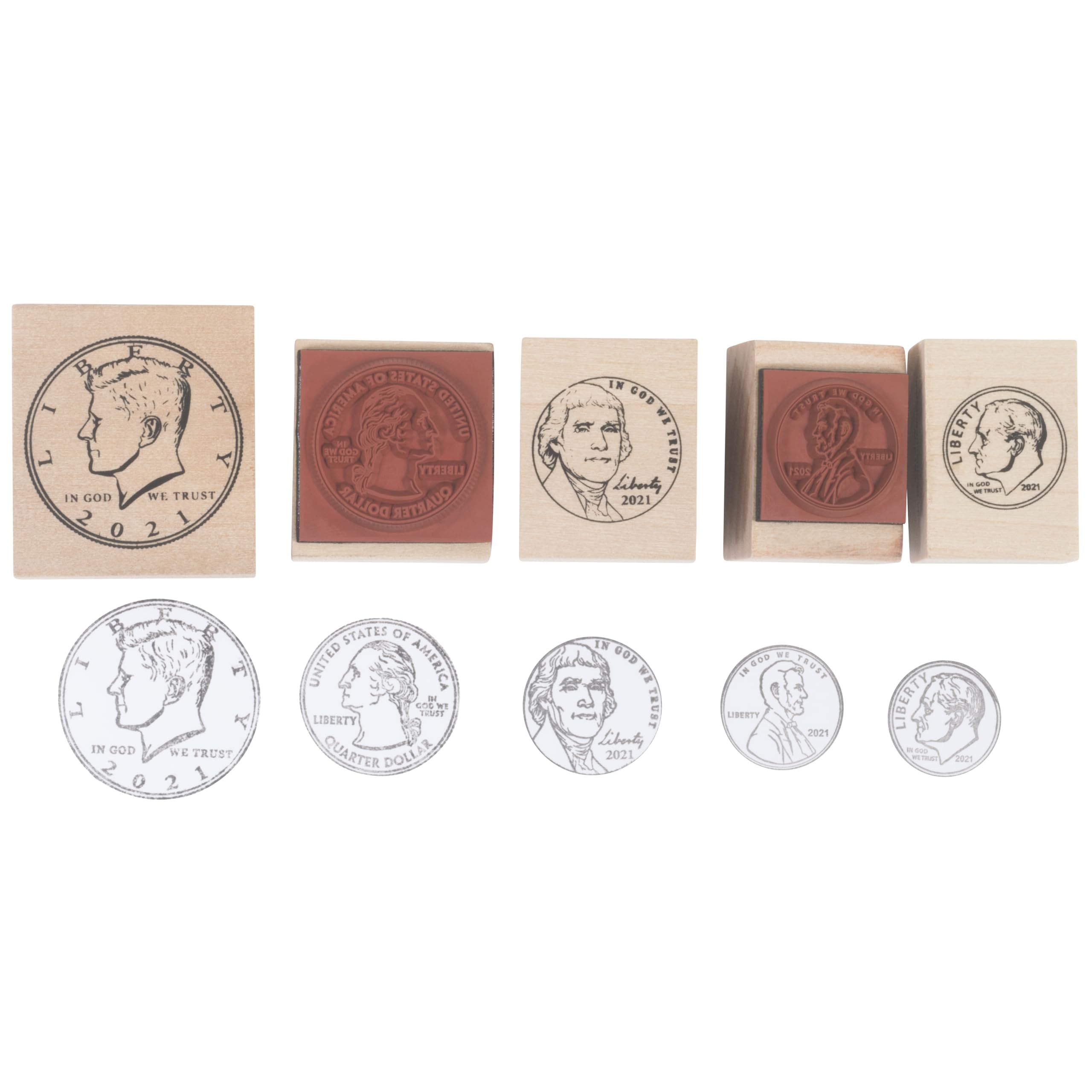 READY 2 LEARN 코인 스탬프 - 앞면 - 5개 세트 - 화폐 수학 및 DIY 활동을 위한 나무 스탬프 - 플래시카드,  워크시트, 카드, 앨범 및 스크랩북에 사용 가능
