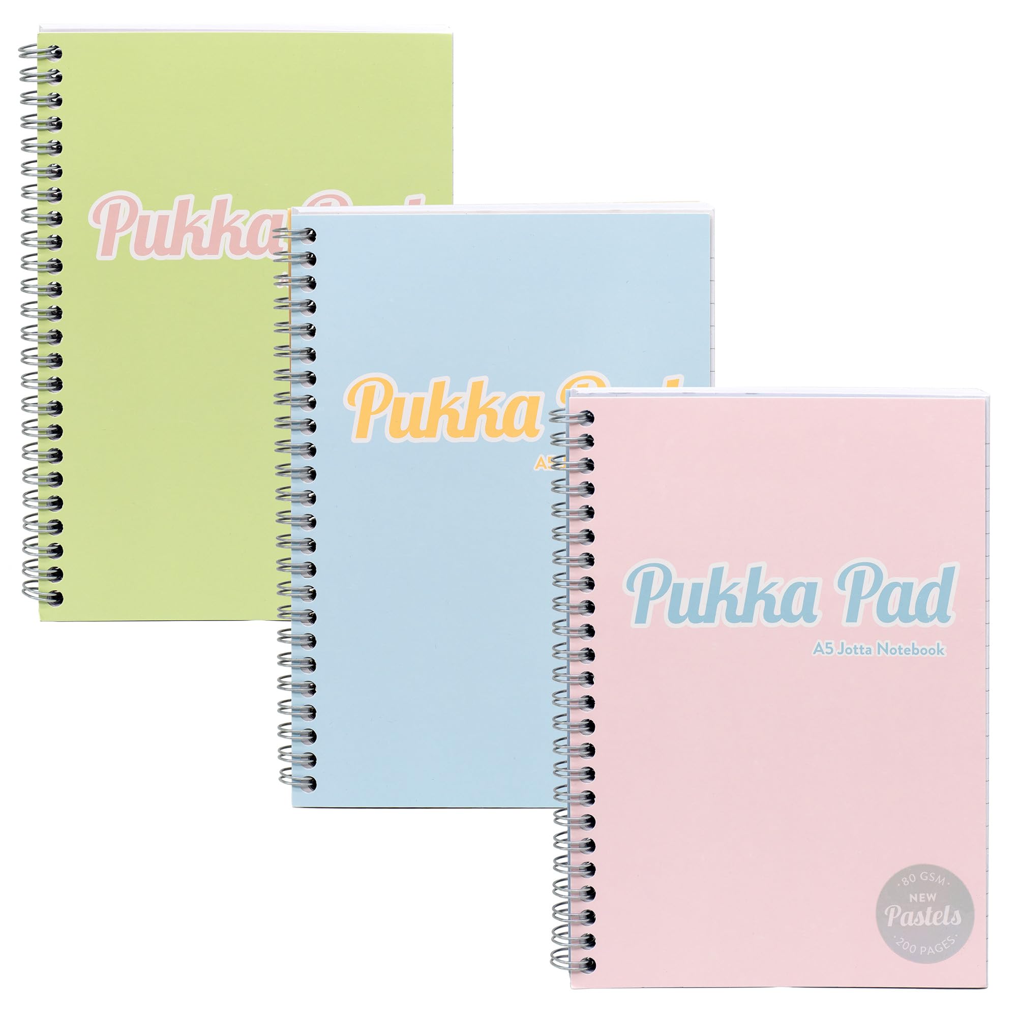 Pukka Pad Pastel A5 Jotta Notebooks – Pack of 3 Wirebound Notepads with 200 Pages, 100 Sheets of 80GSM 8mm Feint Ruled Paper and Perforated 4-Hole Punched Margins – Pink, Blue, & Green, 29.7 x 22.4 cm