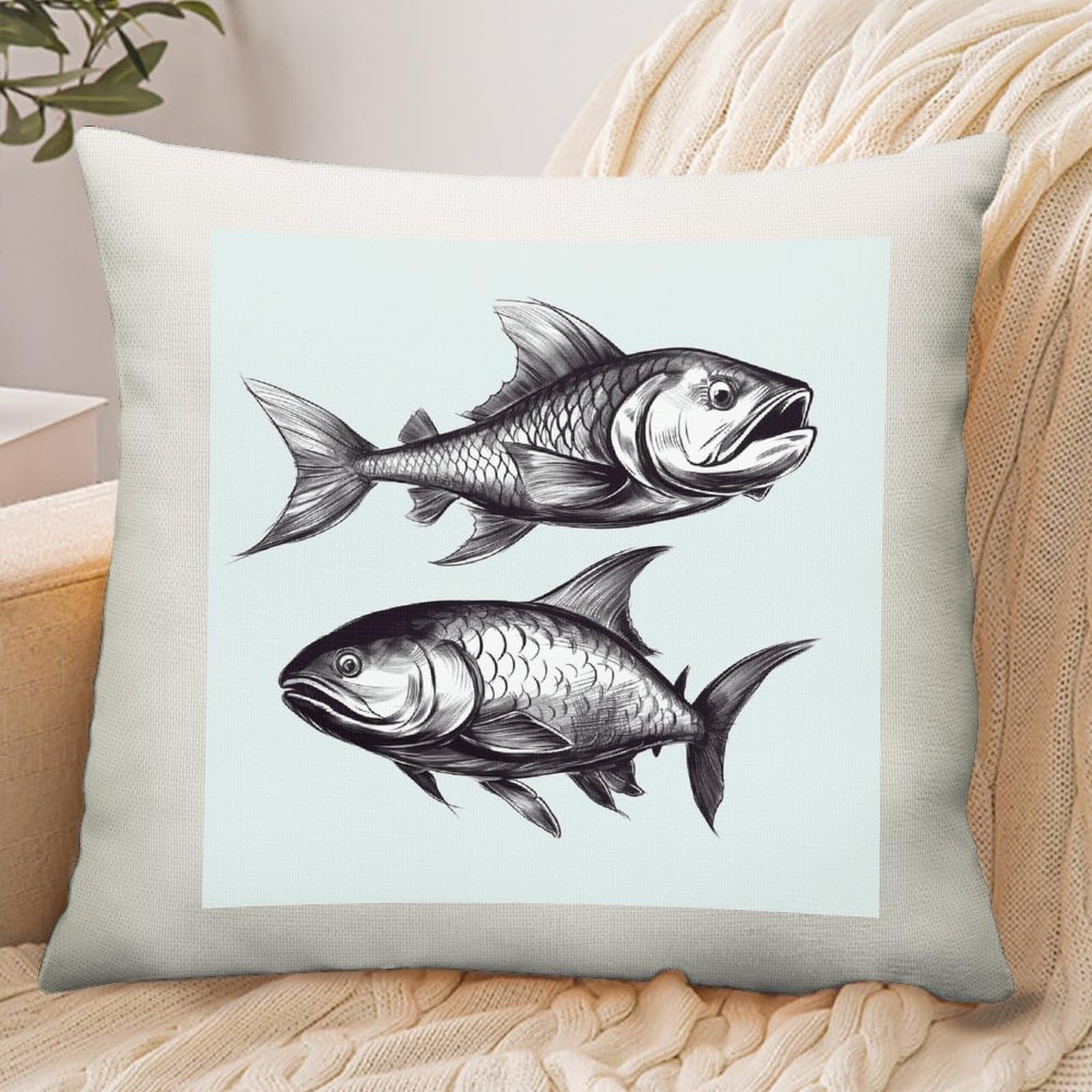 Adfgyerh Style Sketch Fish Pillow Cover Breathable,Pillowcases Boho Decorative Envelope Closure,Throw Pillow Covers For Beach,Patio,Balcony,Couch Living Room 16 * 16In