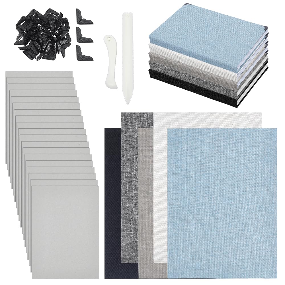 NBEADS 82 Pcs Book Binding Cover Kit, 5 Colors Linen Book Cloth with Self-Adhesive Back, 50 Pcs Corner Guards 20 Paper Boards and 2 ABS Letter Opener Tools for Books Making Scrapbook Album DIY Craft