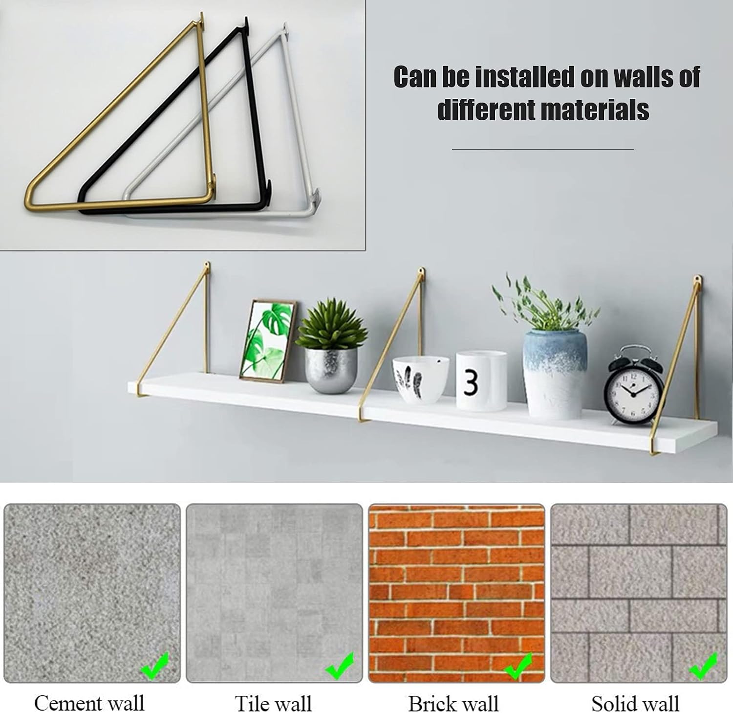 Metal Shelving Support,Floating Support Brackets,Wall Shelf Bracket Connector,Φ8mm Solid Steel,Complete Accessories(2 Pieces),Gold-20cm(8inch)