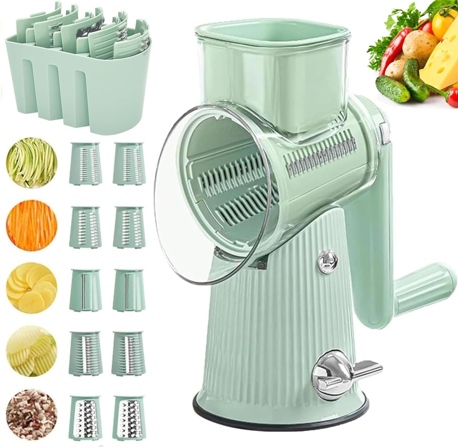 5 in 1 Rotary Grater, Kitchen Artifact 5 in 1 Food Chopper, AYUBOC 5 in 1 Gourmet Cheese Grater, 5 in 1 Cheese Grater, 5 in 1 Hand Crank Food Chopper-Green|5 Group Blades