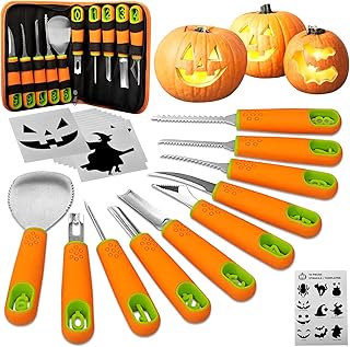 XIILSIE Halloween Pumpkin Carving Kit, 10 PCS Professional Pumpkin Carving Knife Tools Set Stainless Steel for Kids & Adults, Pumpkin Cutting Supplies Tools with Patterns Stencil and Handbag