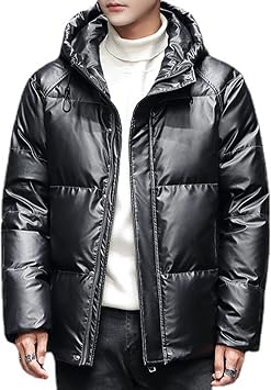 Winter Down Jacket White Duck Hood Warm Glossy Jacket Men Shiny Padded Fluffy Water Resistant Puffer Overcoat