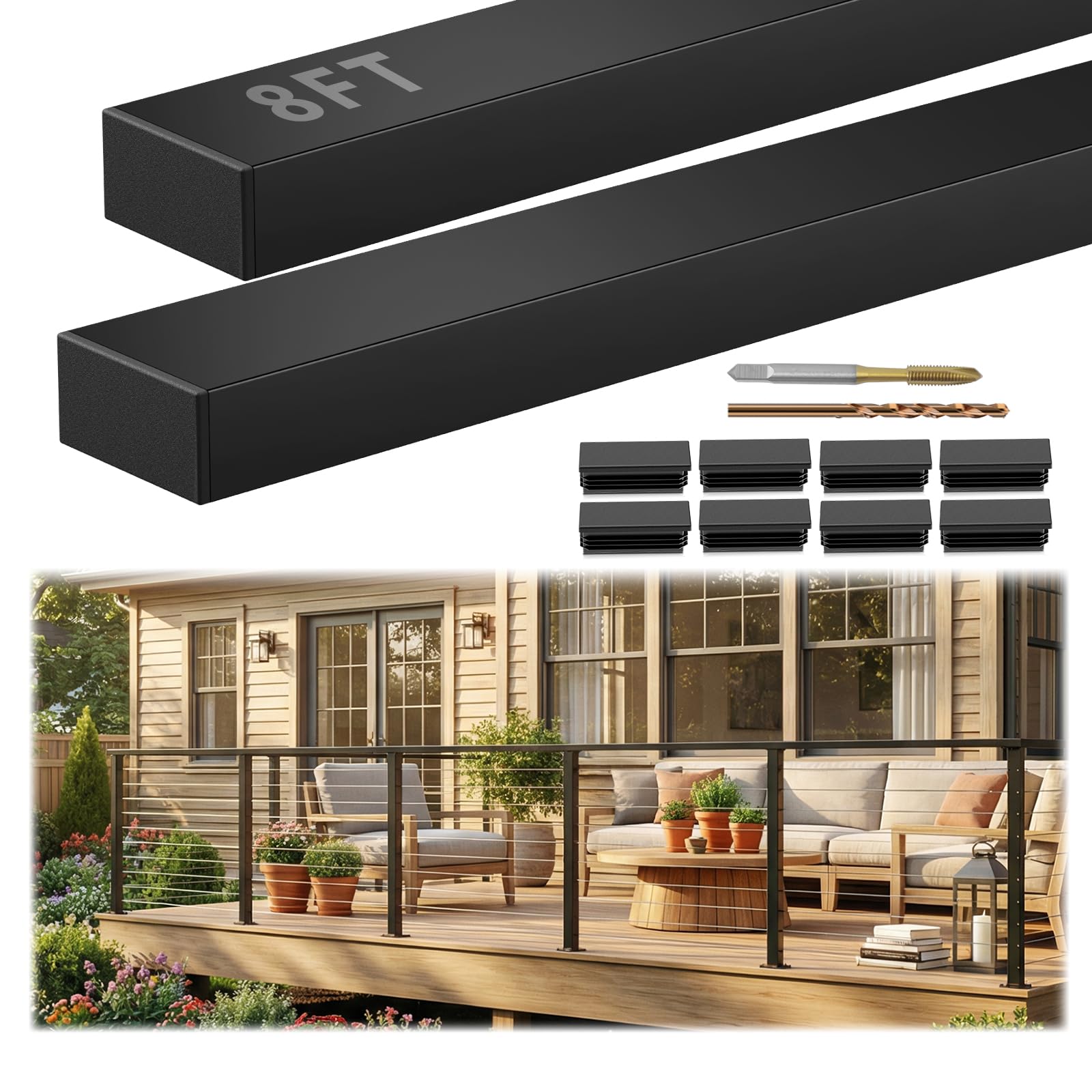 8FT Black Rectangular Handrail, Cuttable Flat Deck Top Rail 2 Pack