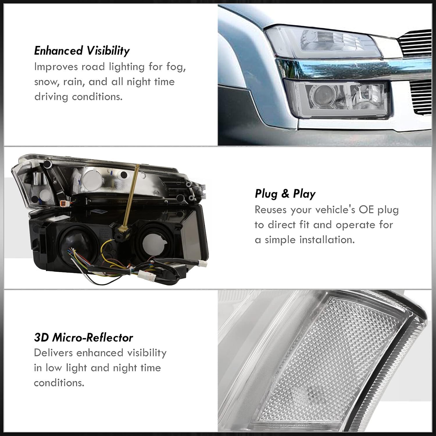 AJP Distributors Sequential LED DRL Projector Headlights Assembly + Bumper Clear Signal Lamps LH RH Compatible/Replacement For Avalanche 1500 2500 Body Cladding 2002 2003 2004 2005 2006 02 03 04 05 06