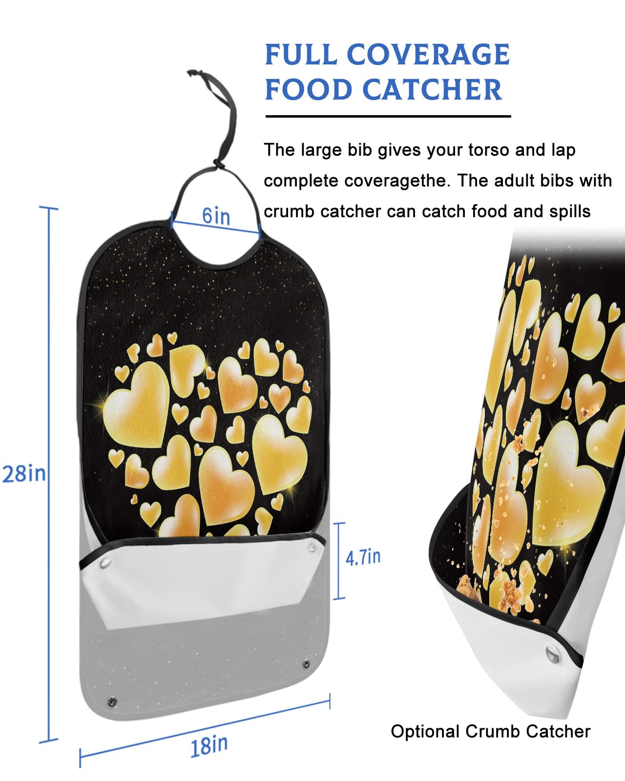 LEOKOTI Valentines Adult Bibs for Eating, Waterproof Bibs with Food Catcher & Adjustable Snap Closure, Golden Love Heart Black Backdrop Washable Clothing Protectors Adult Bibs for Elderly Women/Men