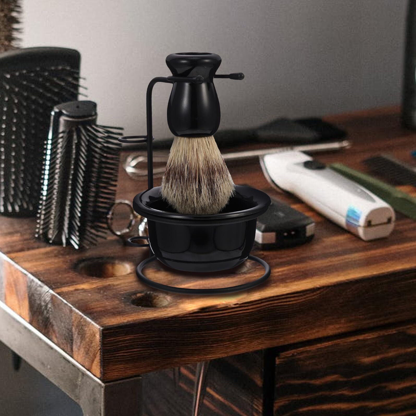 Kit Cuidado de Barba para Hombre Brocha de Afeitar Negra y Cuenco Profesional, Acero Inoxidable y Abs, Diseño Retro, y Fácil de Transportar