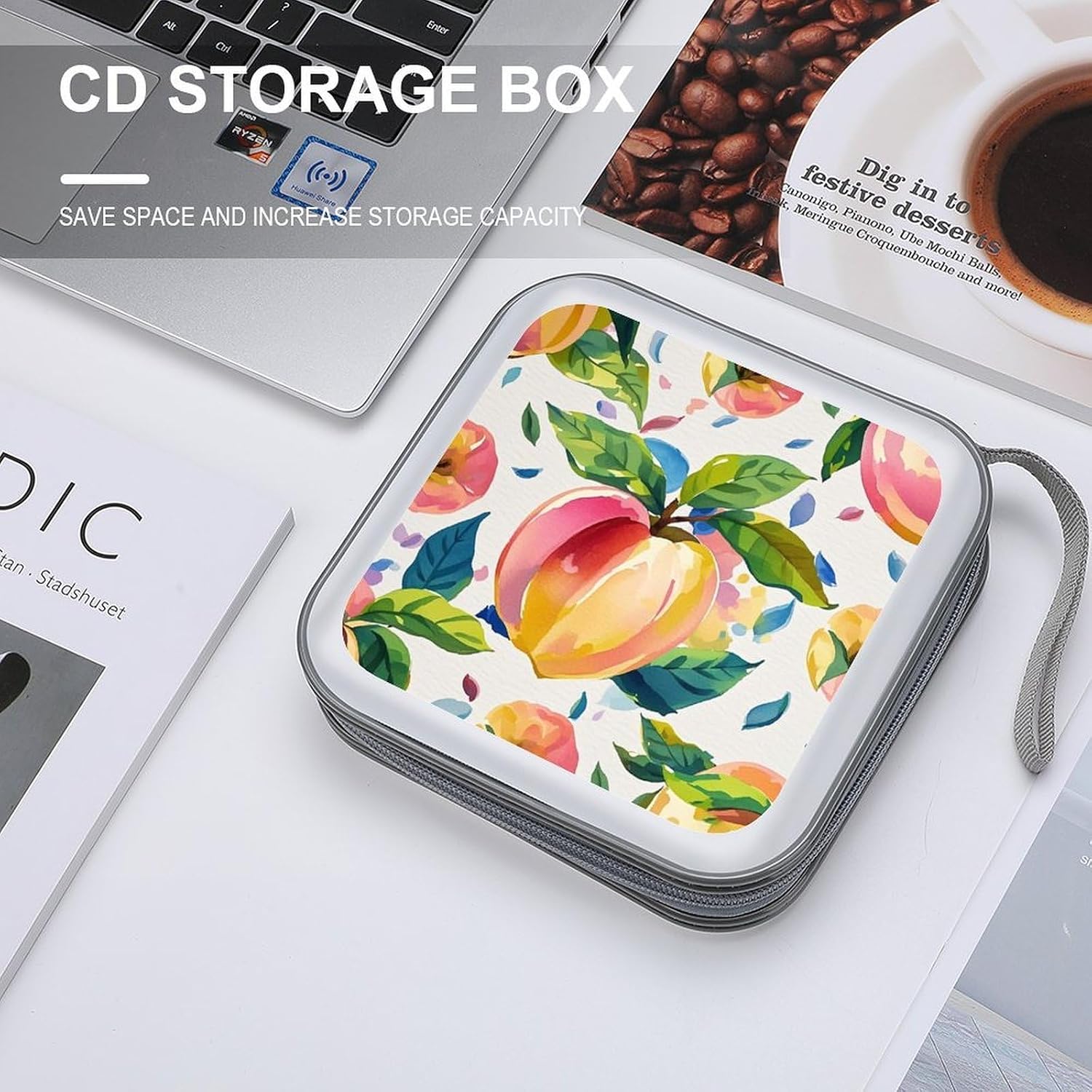 Colorful Peach Watercolor CD Case Hard Plastic 40 Capacity DVD Case Holders Wallet Portable Zipper CD Case DVD Storage Binder Disc Storage Organizer for Car Home Office Travel image 4