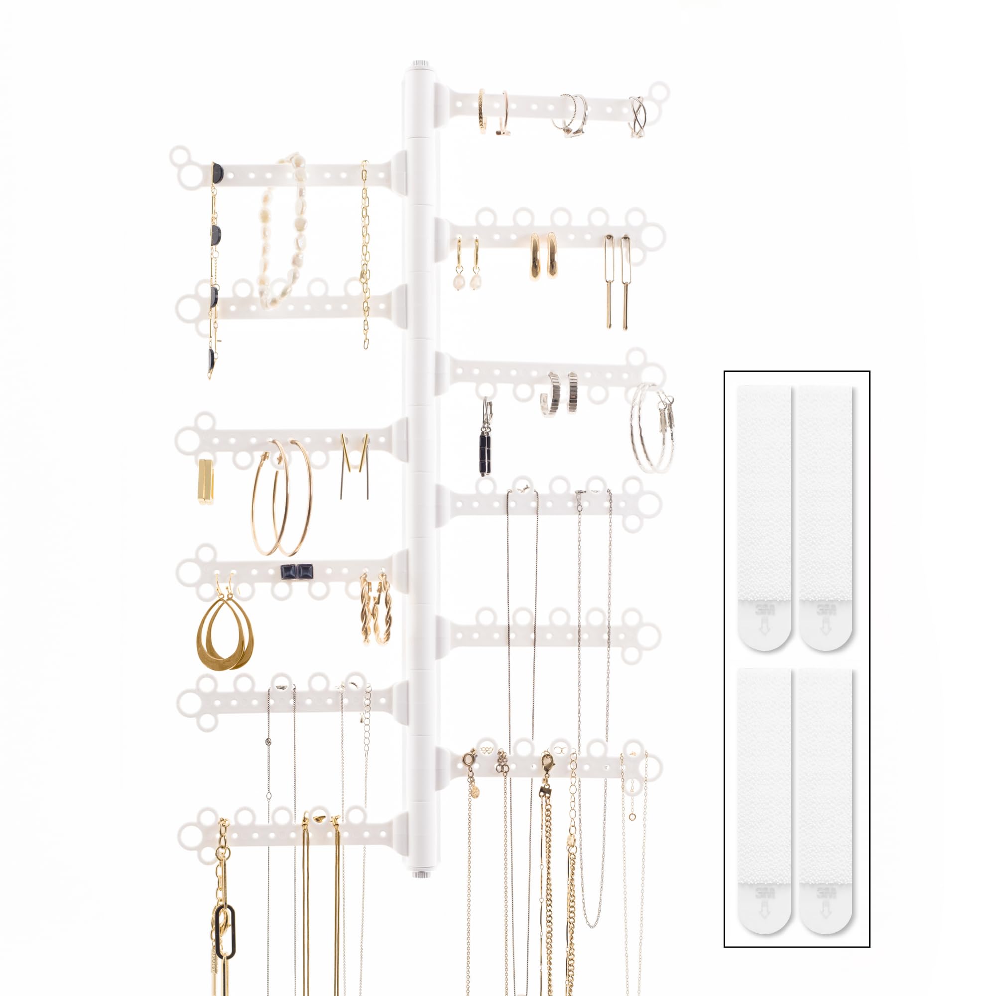 AllHungUp 12-Tier Wall Jewelry Organizer Wall Mounted Jewelry Organizer Necklace Holder Wall Mount Hanging Necklace Organizer Jewelry Hanger Wall Mounted Earring Holder Display Earring Organizer White
