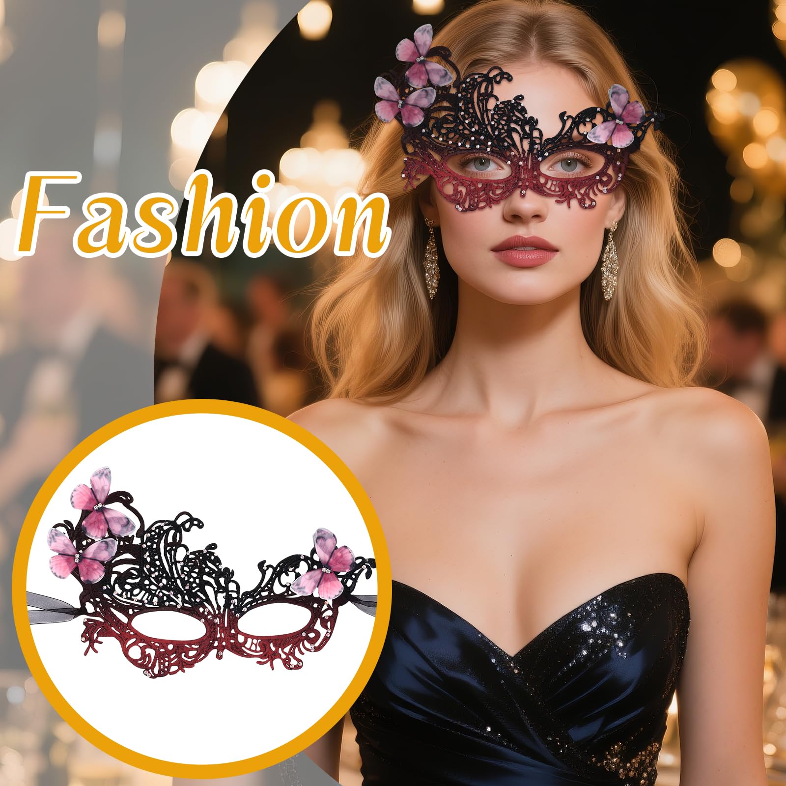 JewelryWe Women's Lace Masquerade Masks: Butterfly Mask with Rhinestone Adjustable Costume Accessories for Halloween Cosplay - Image 4