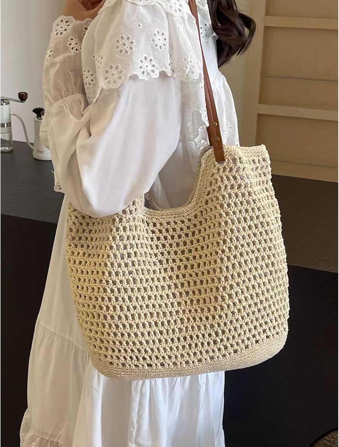 Cotton Fibre Crochet Beach Tote Bag for Vacation,Bohemian Cotton Hobo Shoulder Bag Casual Woven Purse for Women - Image 2