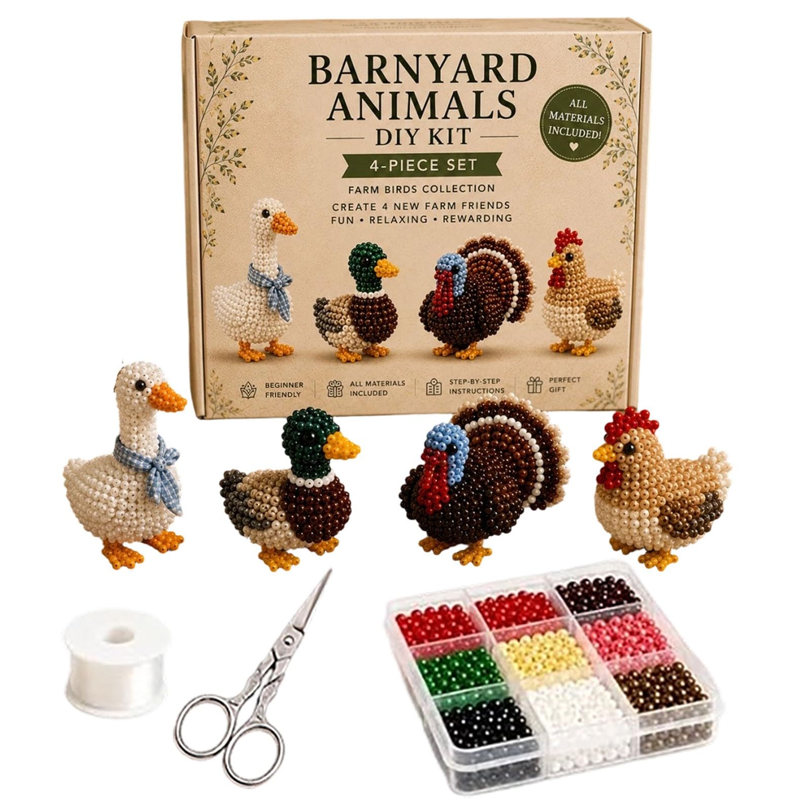 VUKHWX Creative Tiny 3D Beaded Animal DIY Kit - Set of 4 3D Beaded Animals Craft Set, Bead Animal Craft Set with Instructions, Creative 3D Animals Crafts for Beginners & Craft Enthusiasts, DIY Gift