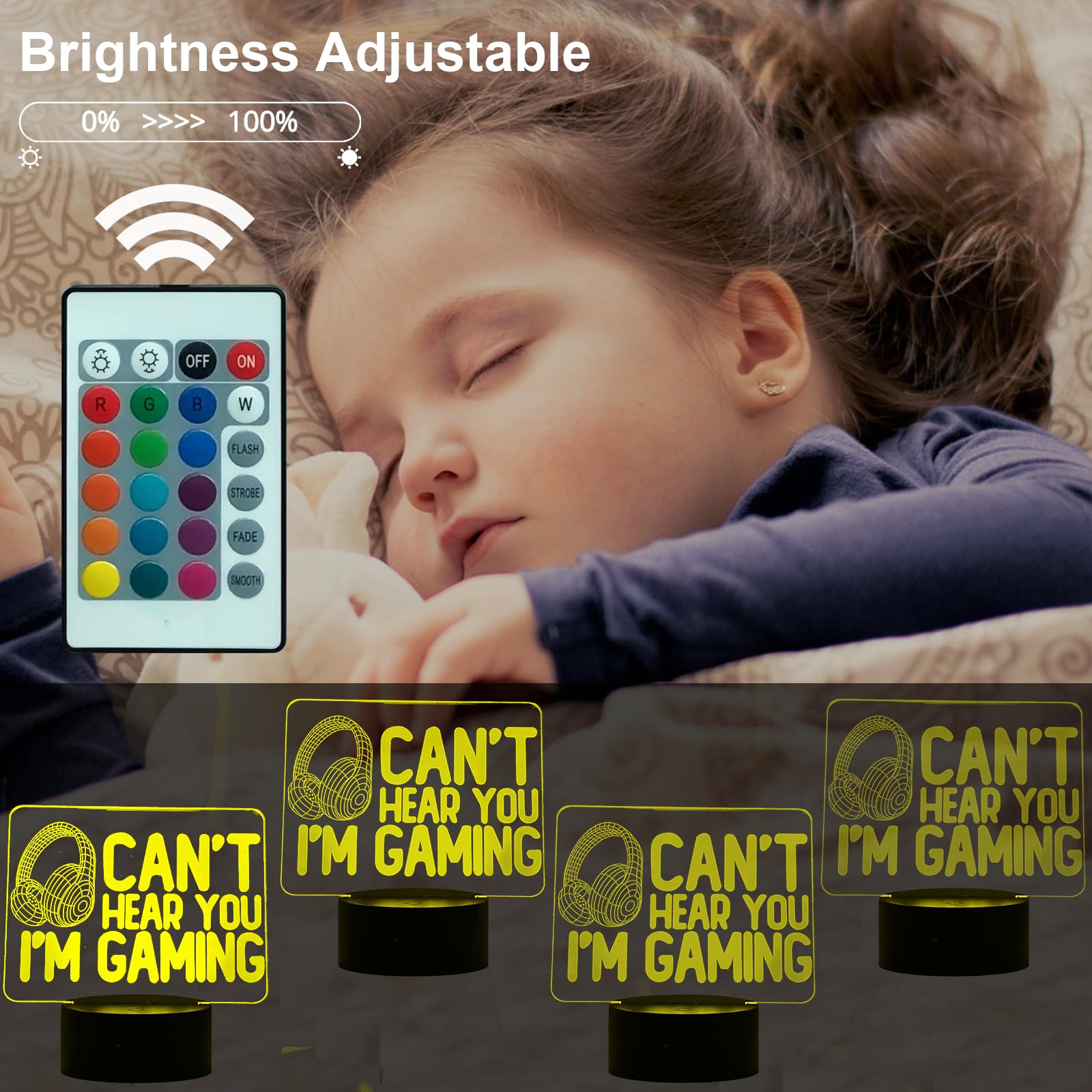 Luce Notturna 3D Gamer 'Can't Hear You I'm Gaming' Con Cuffie E Gamepad – 16 Colori Con Telecomando E Mini Lampada USB Inclusa